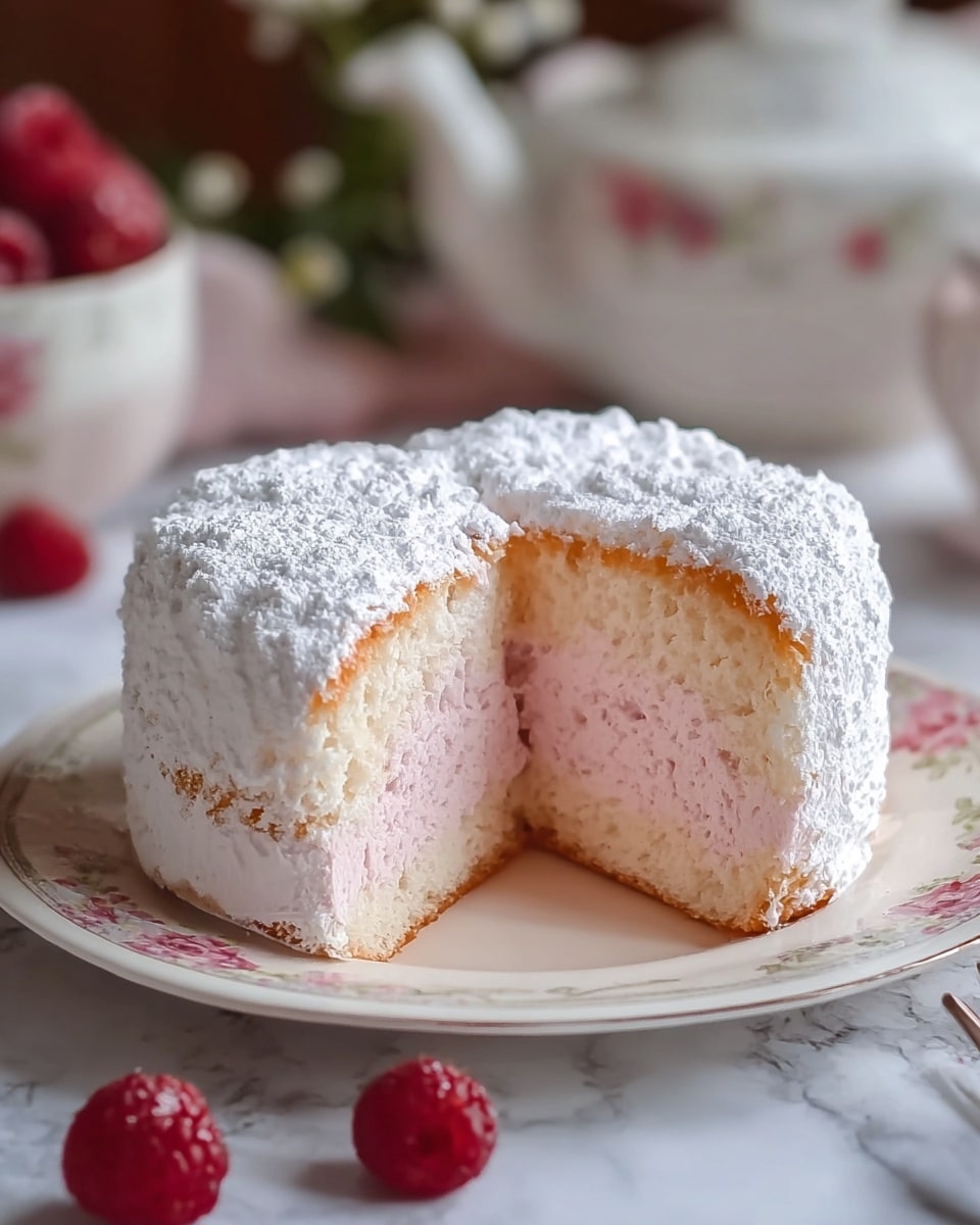 The image shows a small, round cake with three visible layers. The outer layer is white and covered with a generous dusting of powdered sugar, giving it a soft, powdery look. Inside, the cake has a thick, light pink layer with a fluffy and moist texture, surrounded by a thin, golden-brown crust on the bottom edge. The cake is sliced open to reveal its inner layers and sits on a white plate with a delicate floral rim. In the background, there are out-of-focus red raspberries and a white teapot with a slight floral design, all set against a soft white marbled texture. photo taken with an iphone --ar 4:5 --v 7