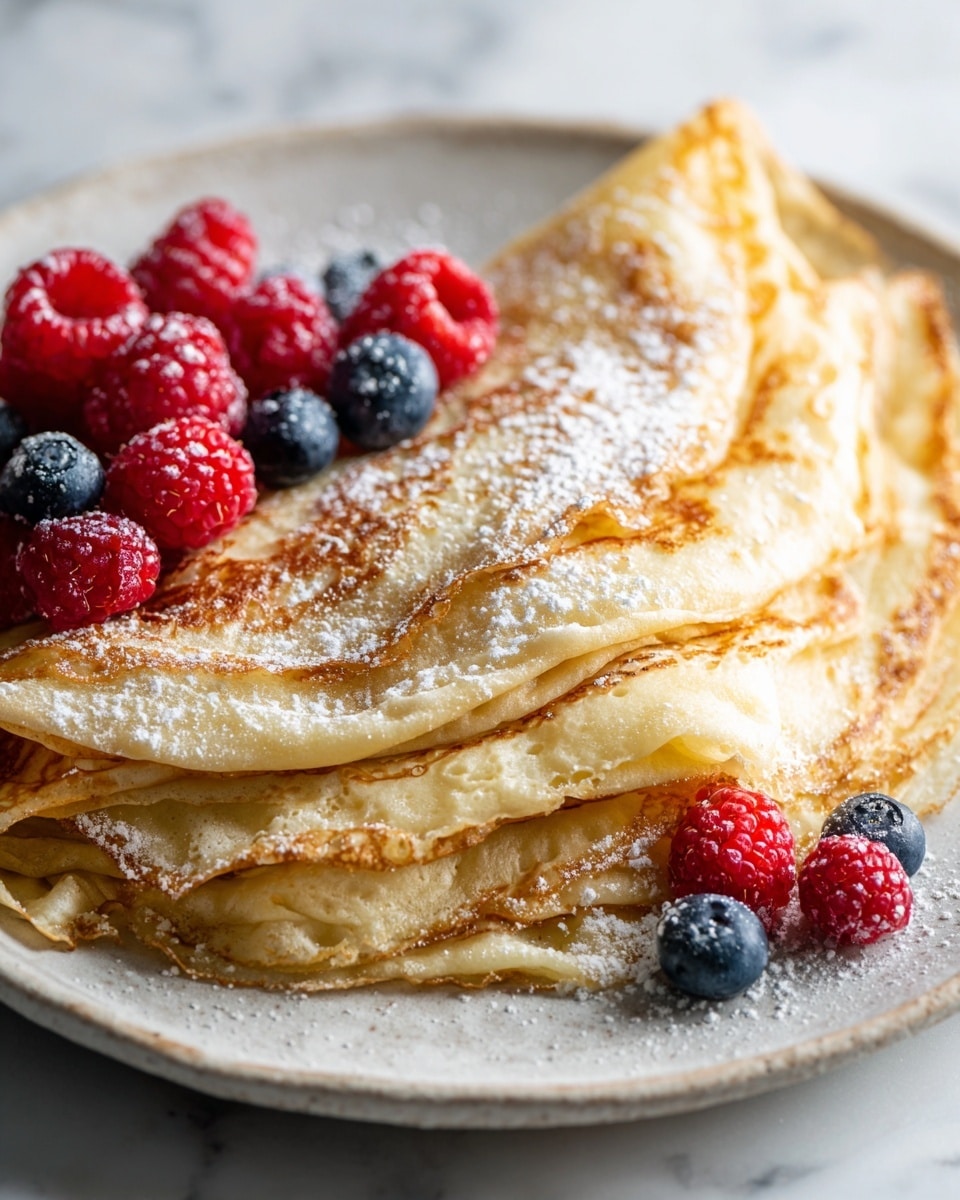 A stack of seven thin crepes with light golden-brown edges is folded in half and placed in the middle of a white plate; the crepes have a soft, smooth texture with some browned spots visible on the top layer. Light white powdered sugar is sprinkled over the crepes and around the plate’s edges. Several fresh blackberries and raspberries are arranged neatly around the crepes, adding deep purple and bright red color contrast to the pale pancakes. The plate rests on a white marbled surface. photo taken with an iphone --ar 4:5 --v 7