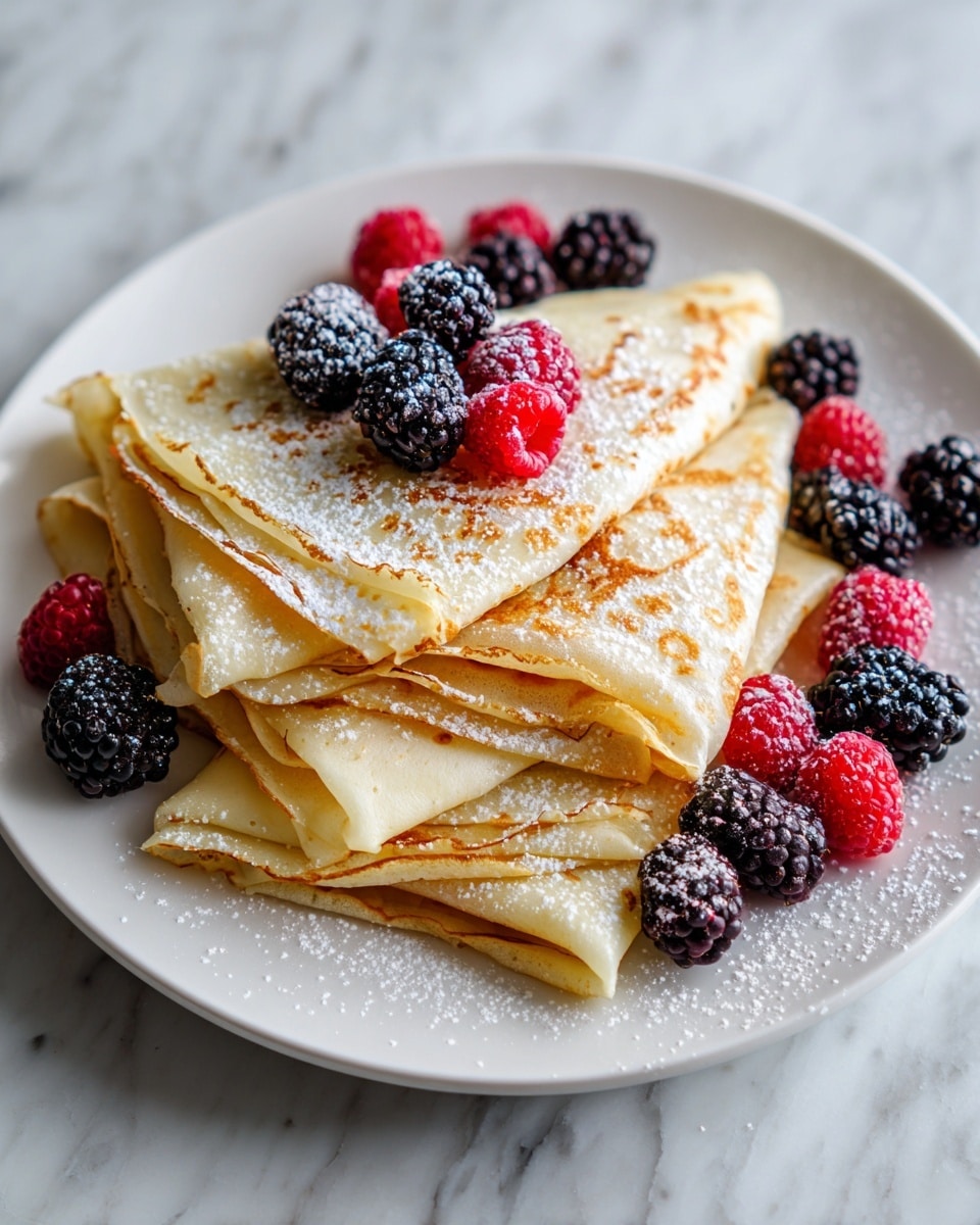 A stack of four thin, golden-brown crepes is placed on a white plate with a slightly rustic texture. Each crepe layer has soft, light-brown edges and smooth, pale yellow centers, gently folded and stacked neatly. The top crepe is dusted with white powdered sugar, adding a light sprinkle over the surface. On the top right of the stack, there are fresh berries: bright red raspberries and deep blue blueberries, with a few loose berries scattered on the white marbled surface around the plate. The photo is close-up, highlighting the soft texture of the crepes and the vivid colors of the berries, with soft natural light enhancing the details. Photo taken with an iphone --ar 4:5 --v 7