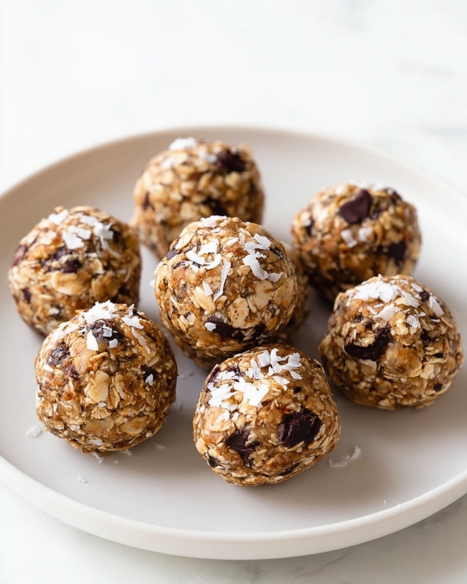 A white plate holds ten round energy balls arranged loosely in close group. Each ball has a rough texture made from oats, nuts, and visible dark chocolate chips embedded on the surface. The balls are sprinkled with small white coconut flakes that add contrast. The color palette is mostly light brown with darker brown spots from the chocolate and nuts. The background is a white marbled texture. photo taken with an iphone --ar 4:5 --v 7
