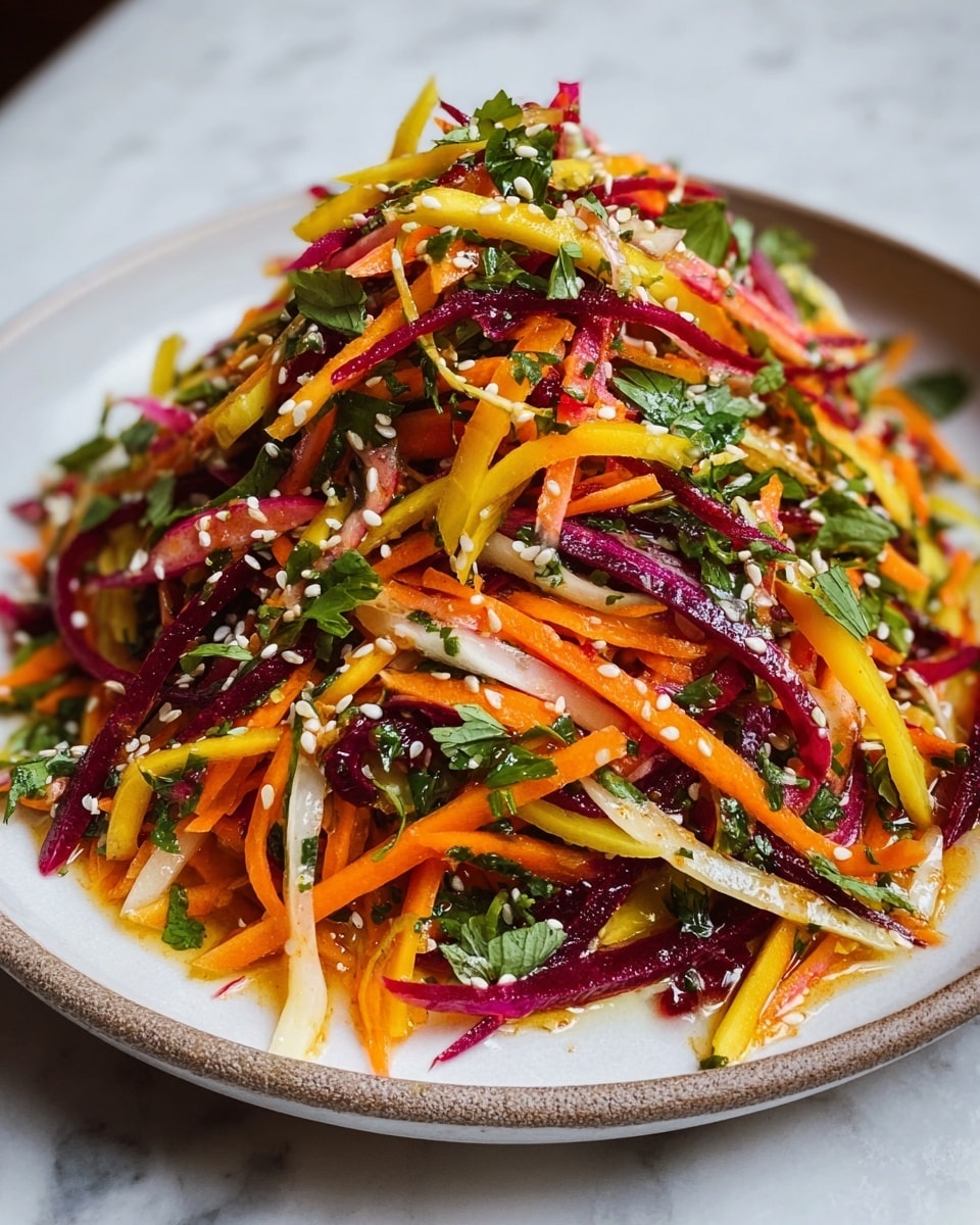 A colorful salad sits piled high on a white plate, featuring thin strips of orange carrots, purple beets, yellow and white root vegetables, and fresh green herbs scattered throughout. The vegetables are finely julienned, creating a mix of bright, crunchy layers all tossed together with small white sesame seeds sprinkled over the top. The salad looks fresh and vibrant, with a light sheen from a dressing that adds a moist texture to the crisp vegetable strands. The plate rests against a white marbled surface. photo taken with an iphone --ar 4:5 --v 7