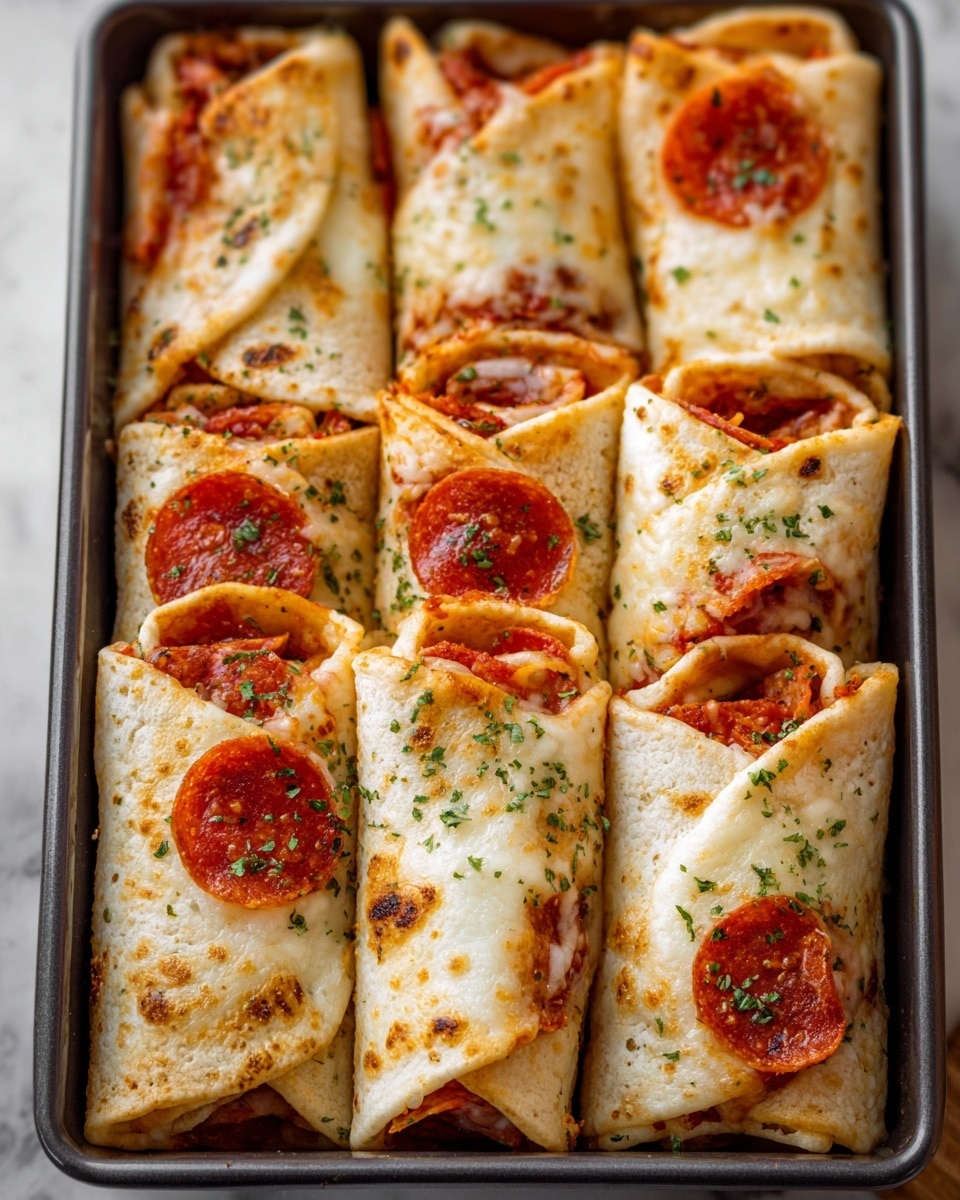 The image shows a close-up of soft tortilla roll-ups arranged closely inside a square white baking tray, each about two layers thick. Each roll-up has a pale outer layer of tortilla with light brown toasted spots, wrapped around bright red slices of pepperoni and melted light golden cheese with some darker baked bubbly spots. Green herbs are sprinkled evenly over the cheese and tortillas. The roll-ups are standing vertically, filling the tray in neat rows, and they appear fresh and hot with slightly crispy edges. The background is a white marbled texture. photo taken with an iphone --ar 4:5 --v 7