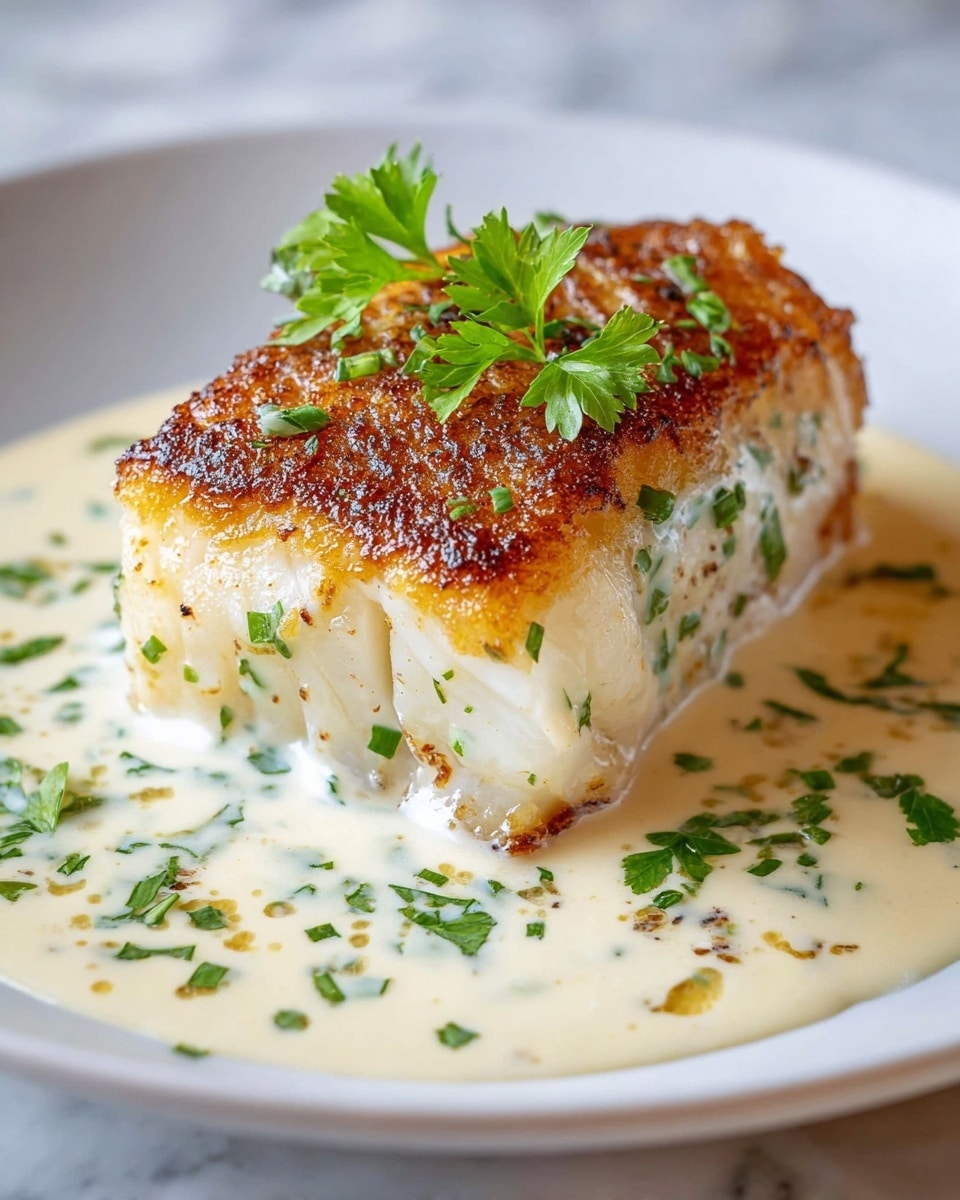 A thick, golden-brown cooked fish fillet sits in the center of a white plate with a creamy white sauce beneath and on top of it. The fish has a crispy, textured browned top layer, while the inside layers show soft, flaky white flesh flecked with green herbs. The creamy sauce pools around the base of the fish and has small green herb pieces sprinkled throughout, with a few larger parsley leaves decorating both the sauce and the top of the fish. The plate rests on a white marbled surface. photo taken with an iphone --ar 4:5 --v 7