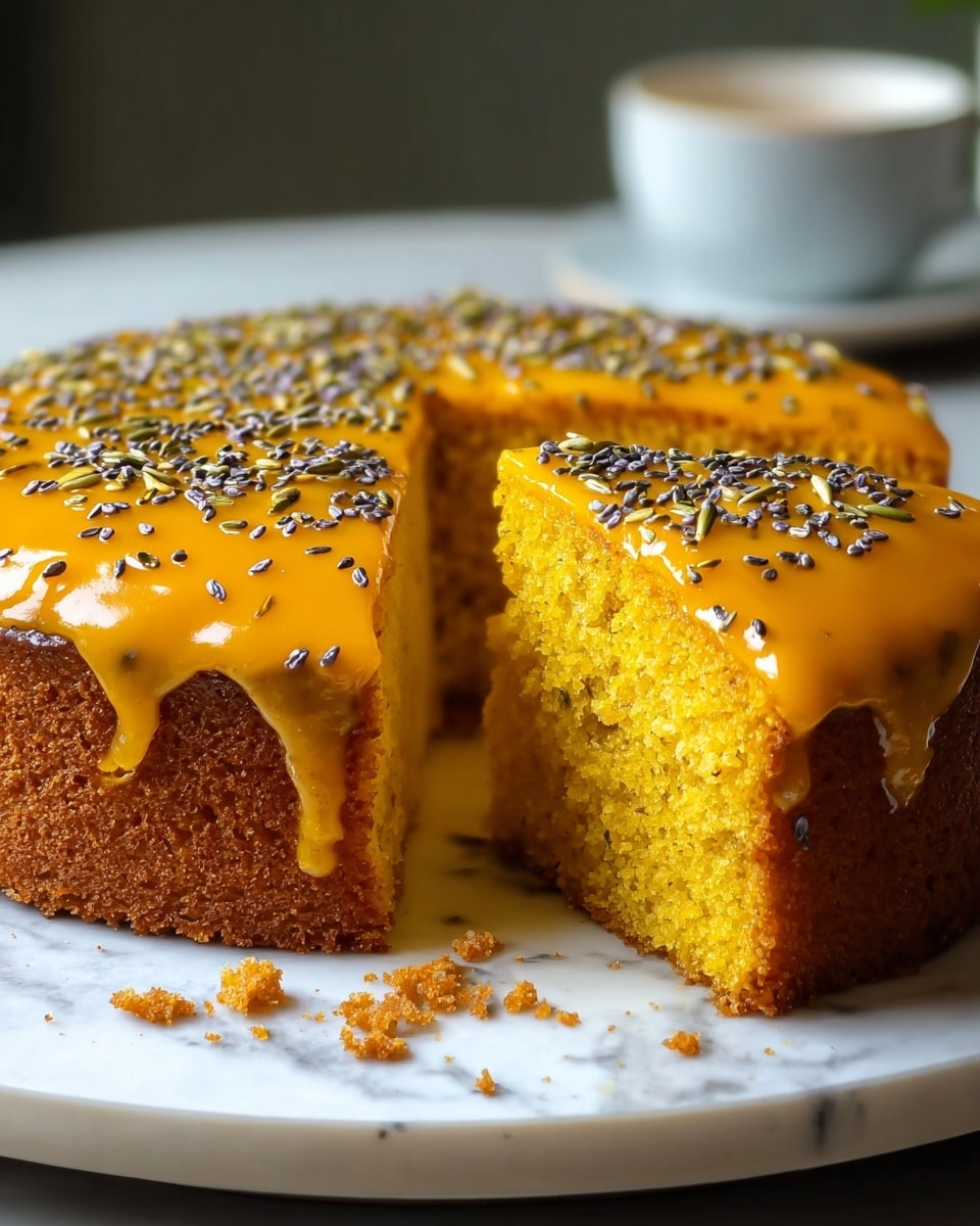 A single-layer round cake with a golden yellow inside and a slightly darker brown crust sits on a white marbled plate. The top of the cake is coated with a shiny orange glaze that gently drips down the sides. Small black and green seeds are sprinkled evenly on the glaze, adding texture and contrast. A wedge-shaped slice has been cut out, revealing the soft, crumbly texture inside. Crumbs are scattered near the cut, and the background is softly blurred with a cup visible in the distance. Photo taken with an iphone --ar 4:5 --v 7