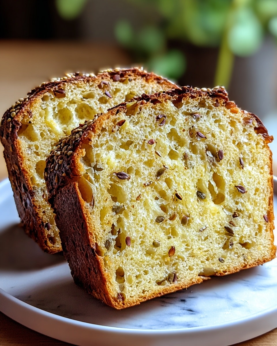 Two thick slices of light yellow bread with a soft and moist texture are shown on a white plate. The bread has a dark golden brown crust, and the inside is dotted with green seeds or nuts and small red and black seeds evenly spread throughout. The surface is slightly rough with visible grains and seeds, giving a crunchy look. The background is a blurred white marbled texture with hints of green and warm tones. Photo taken with an iphone --ar 4:5 --v 7