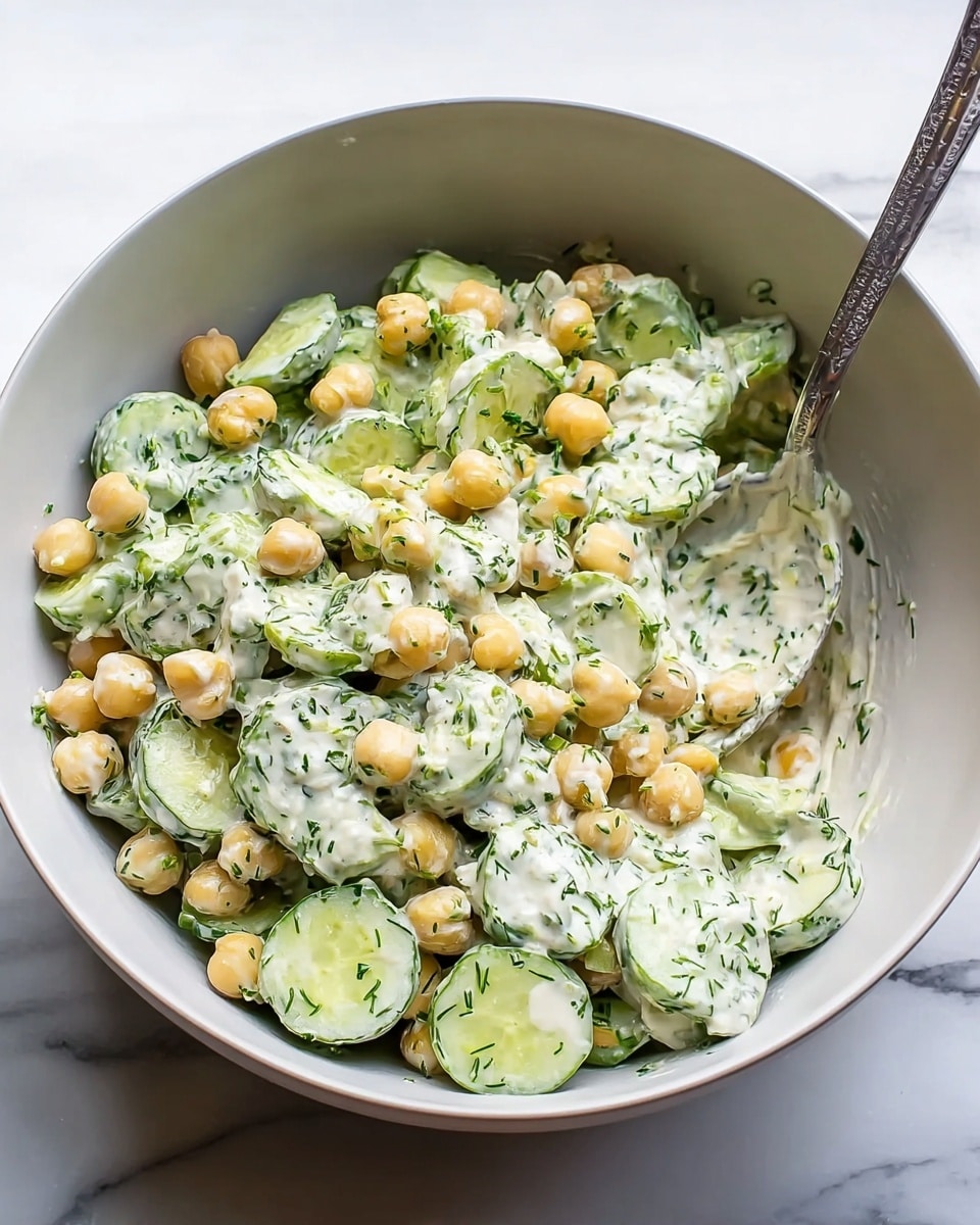 The image shows a white bowl filled with a creamy salad that has three main layers visible: the first layer consists of round, pale yellow chickpeas scattered throughout, the second layer is made up of light green cucumber slices with a fresh, slightly glossy texture, and the third layer is a thick, creamy white dressing mixed with finely chopped green herbs coating every piece. A silver spoon is partially submerged on the right side of the bowl. The bowl is placed on a white marbled surface. Photo taken with an iphone --ar 4:5 --v 7