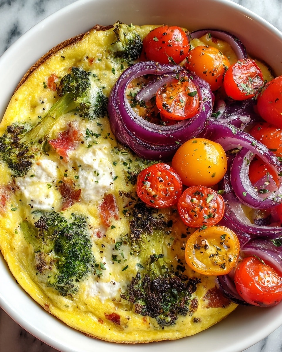 A white bowl holds a colorful dish with two main parts: on one side, a fluffy yellow frittata layered with green broccoli florets, white goat cheese that is slightly browned on top, and small pieces of red tomato, all sprinkled with fresh green herbs and black pepper; the other side has a fresh mix of whole and halved red and yellow cherry tomatoes mixed with curled purple onion slices, also sprinkled with herbs and black pepper, creating a vibrant contrast; the bowl sits on a white marbled surface. photo taken with an iphone --ar 4:5 --v 7