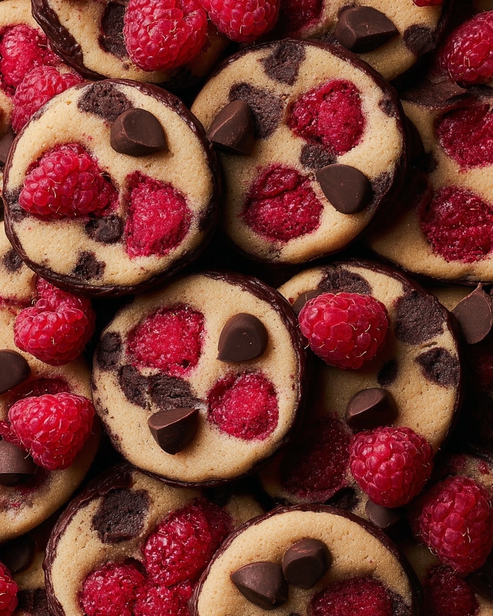 The image shows many round cookies close together, each with two main layers: a light beige cookie base marked with dark brown spots and a thin dark brown edge. On top of each cookie, there are scattered fresh red raspberries and shiny dark brown chocolate chips that have a smooth texture and some are triangular. The raspberries add a bright red color and slightly bumpy surface that contrasts with the shiny chocolate and soft-looking cookie dough. The cookies are tightly packed so they overlap slightly, filling the whole frame with rich colors and textures. photo taken with an iphone --ar 4:5 --v 7