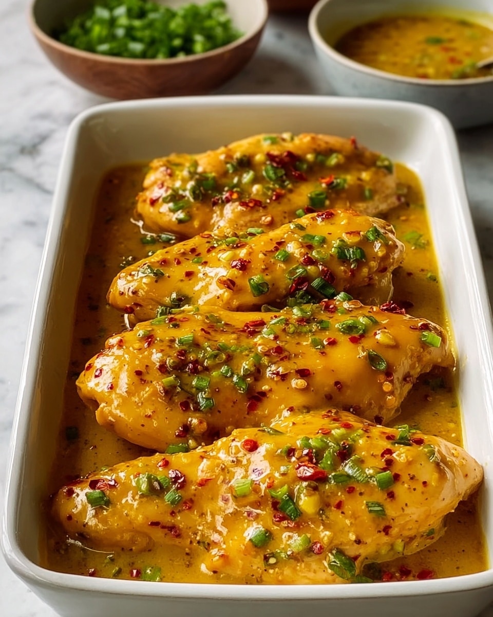 The image shows a white rectangular dish filled with five pieces of chicken breasts covered in a thick yellow-orange sauce. The sauce has a glossy texture with visible red chili flakes and is scattered with small green chopped herbs, likely green onions, adding color contrast. The chicken pieces are arranged close together, partially submerged in the sauce, which pools around the edges of the dish. In the background, there are blurred bowls containing additional green herbs and a similar yellow-orange sauce, all set on a white marbled surface. photo taken with an iphone --ar 4:5 --v 7