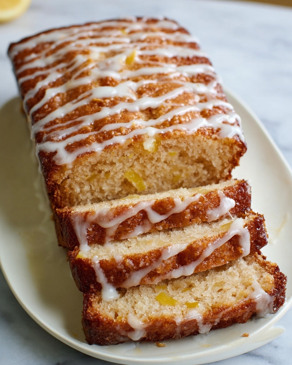 A close-up of a loaf cake sliced into pieces, resting on a wooden board set on a white marbled surface. The cake has two key layers: the bottom is a light golden-brown dense cake with visible small chunks of yellow fruit embedded within, while the top layer is a shiny, slightly crispy crust covered with a thin, white sugary glaze that drips down the sides. The glaze forms soft, uneven stripes over the top, giving a glossy finish that contrasts with the crumbly texture of the cake. Photo taken with an iphone --ar 4:5 --v 7