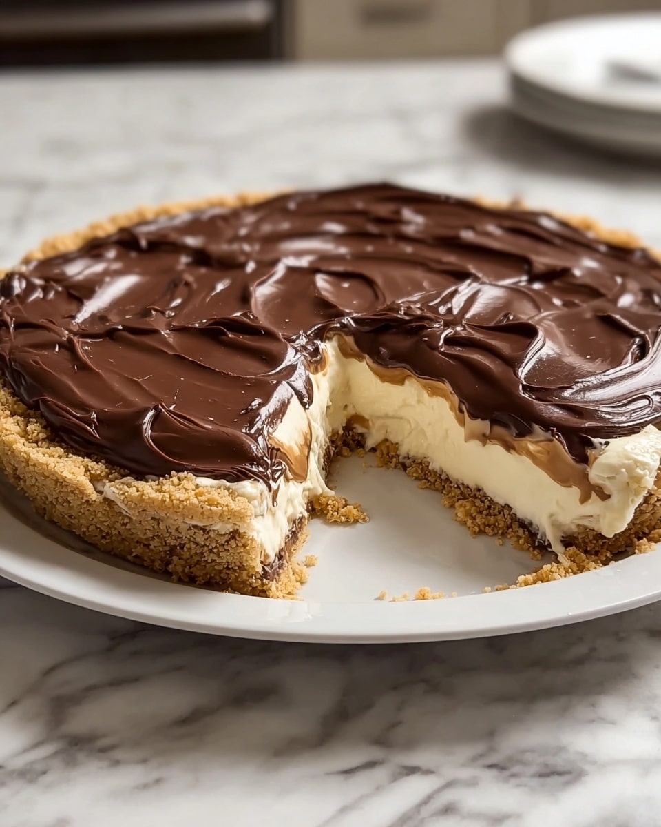 A pie with three main layers is shown on a white plate atop a white marbled surface. The bottom layer is a crumbly, light brown crust with a rough texture. The middle layer is a thick, creamy off-white filling with a smooth, slightly fluffy appearance. The top layer is a glossy, dark brown chocolate spread that is thick and evenly covers the filling, with slight swirls and soft peaks near the edges. Photo taken with an iphone --ar 4:5 --v 7