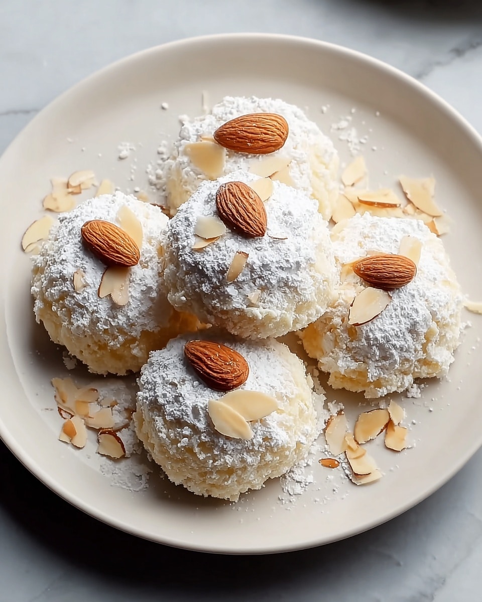 A white plate holds six round, soft-looking sweets arranged in a loose cluster. Each sweet is covered with a thick layer of fine white powdered sugar, giving them a snowy texture. On top of each, there is a single whole almond and some thin, pale almond flakes scattered around, adding a touch of brown and beige color contrast. The sweets have a crumbly appearance with a pale yellow base underneath the powdered sugar. The plate is set on a surface with a white marbled texture, enhancing the light and clean look of the scene. photo taken with an iphone --ar 4:5 --v 7