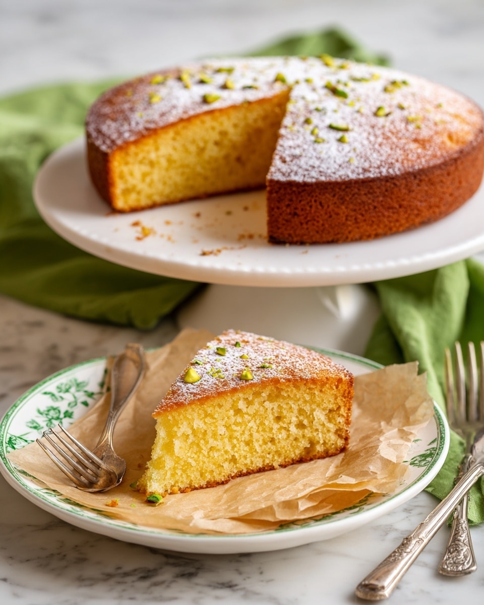 A close-up of a thick slice of yellow cake with a slightly rough texture, topped with a thin golden-brown crust covered in white powdered sugar and small chopped green pistachio pieces scattered on top. A silver fork with a shiny surface is gently pressing into the top layer of the cake from the side. The cake rests on crinkled light brown parchment paper placed on a white marbled surface. Photo taken with an iphone --ar 4:5 --v 7