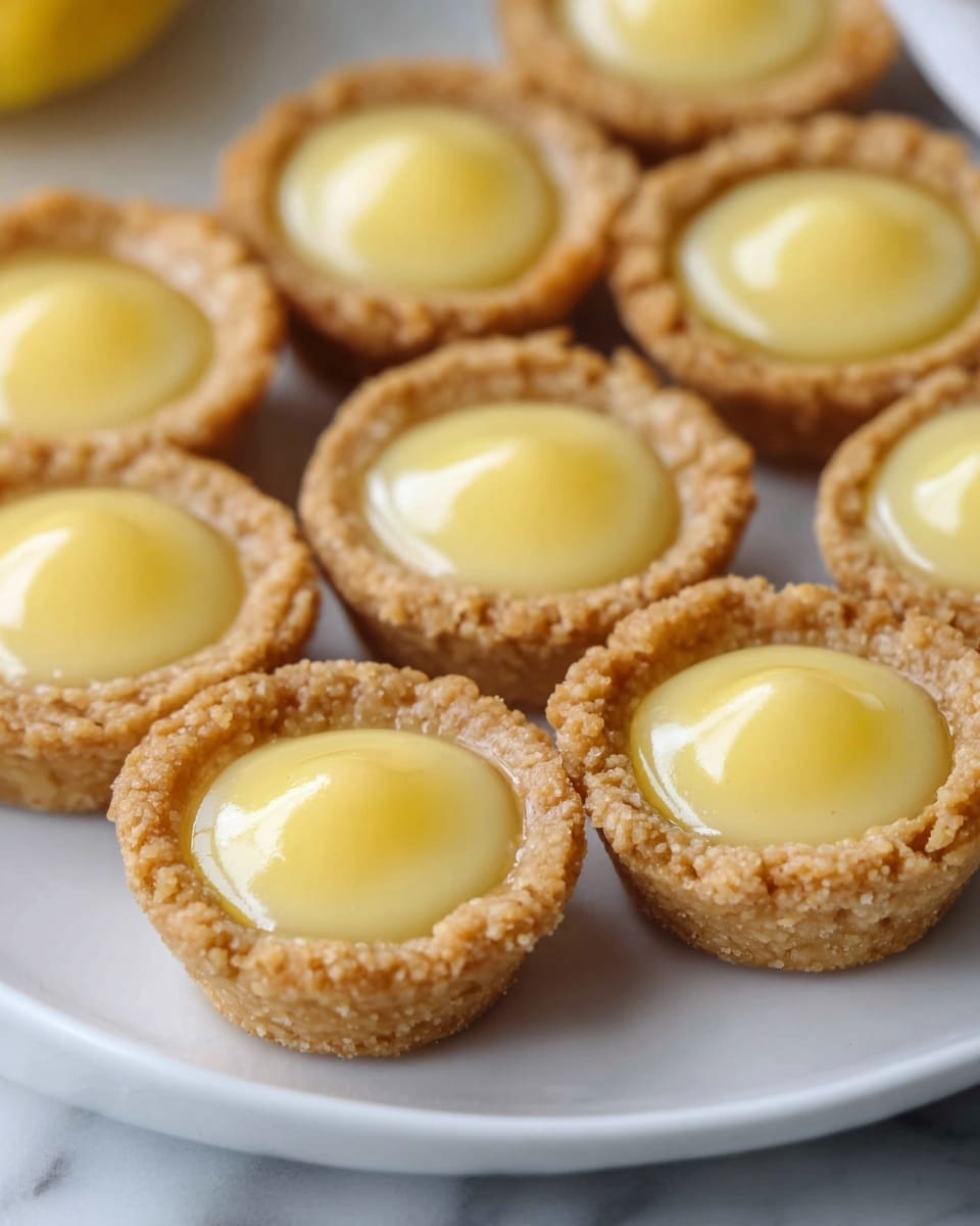 This image shows several small tartlets arranged in rows on a white plate placed on a white marbled surface. Each tartlet has two layers: a thick, golden-brown, crumbly crust forming the outer shell, and a smooth, glossy, pale yellow filling that sits inside the crust, slightly domed on top. The tartlets appear evenly sized, with the crust rising just above the filling, creating a neat rim around it. Photo taken with an iphone --ar 4:5 --v 7
