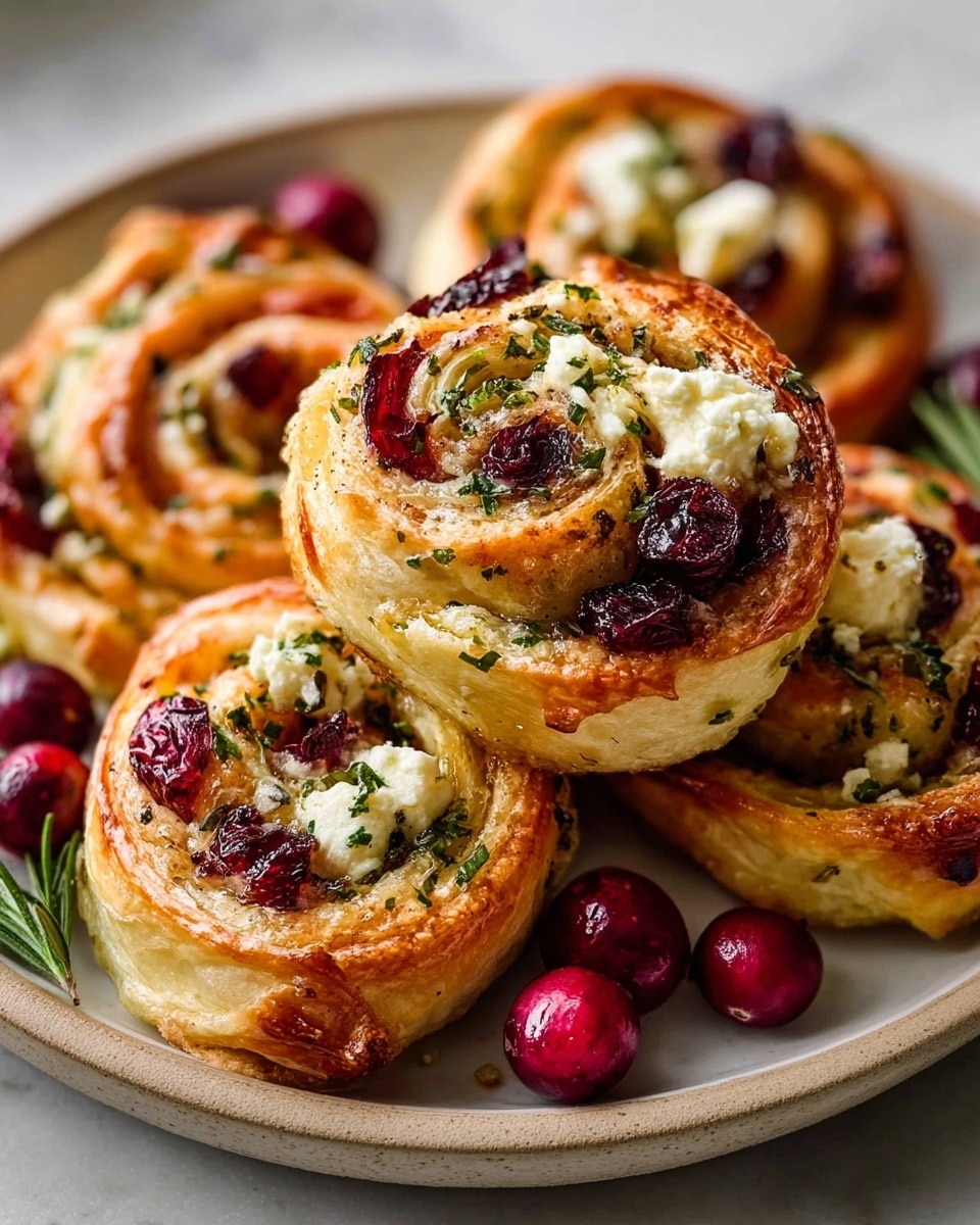 A white plate holds several round, golden brown pinwheel pastries with visible layers; the outer crust is crisp and light brown, while the inside layers reveal swirls of creamy white cheese mixed with green herbs and dark red dried cranberries. Fresh whole cranberries and small green herb sprigs are scattered around the pastries, adding a pop of color and texture. The background is a white marbled texture. photo taken with an iphone --ar 4:5 --v 7