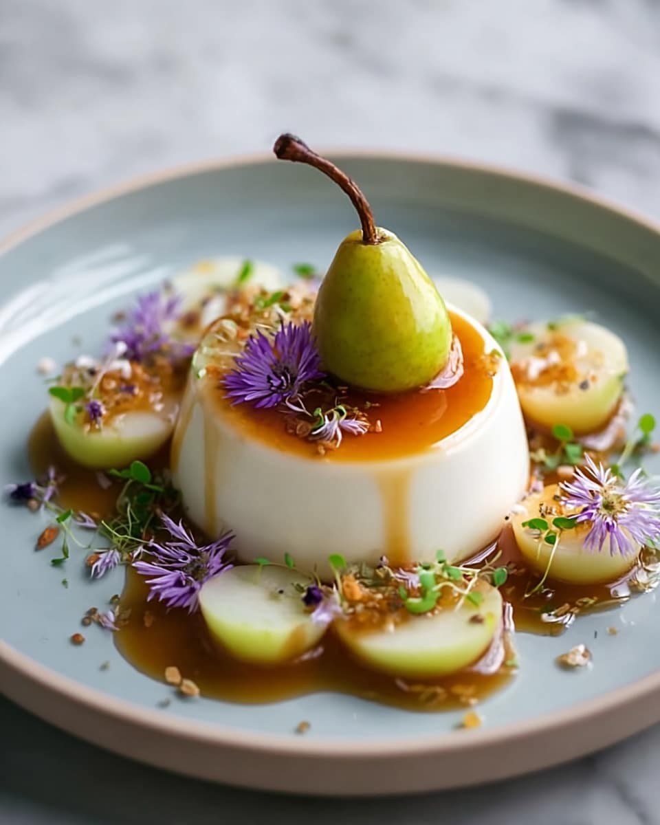 A smooth, white panna cotta sits in the middle of a white plate with a light blue inside, topped with amber caramel sauce. On top of the panna cotta is a small whole green pear with a brown stem and a couple of small purple flowers. Around the panna cotta on the plate are halved small green pears, also covered in caramel sauce, with tiny green herbs and more purple flowers scattered among them. The plate rests on a white marbled surface. photo taken with an iphone --ar 4:5 --v 7