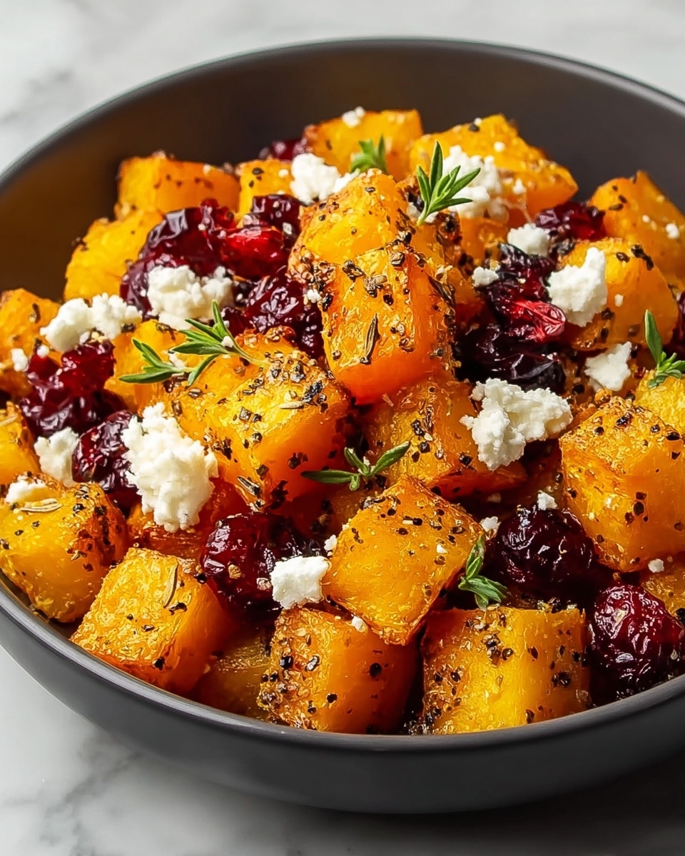 In a white bowl, there is a colorful dish of golden-orange roasted cubes, each with a slightly crispy texture and black pepper speckles on the surface. Scattered among the cubes are deep red roasted berries, adding a shiny and juicy contrast. Small, crumbly white cheese pieces are sprinkled on top, providing a soft texture against the roasted ingredients. A few bright green sprigs of fresh herbs are placed intermittently to add freshness and height to the dish. The bowl is set on a white marbled surface, complementing the vibrant colors of the food. photo taken with an iphone --ar 4:5 --v 7