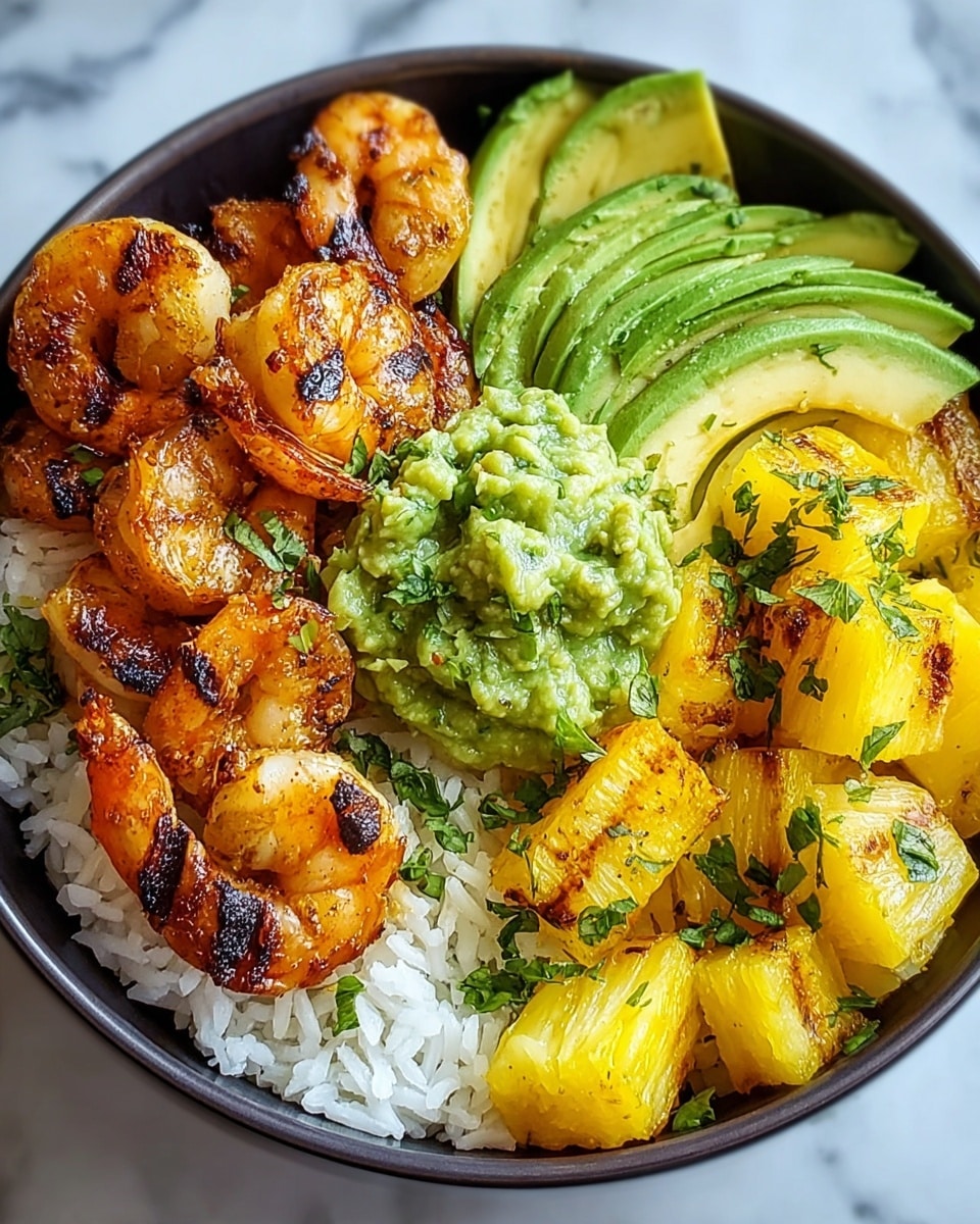 A white bowl filled with four distinct layers: at the bottom, there is a base of white rice with a soft, fluffy texture; next is a layer of bright green guacamole placed slightly off-center; on one side of the bowl, there are neatly sliced avocado pieces with a smooth texture and light green color; the top layer features several grilled shrimp with a golden-brown sear and charred marks arranged in the middle, and on the opposite side, there are golden-yellow grilled pineapple chunks sprinkled with green herbs. The bowl sits on a white marbled surface. photo taken with an iphone --ar 4:5 --v 7