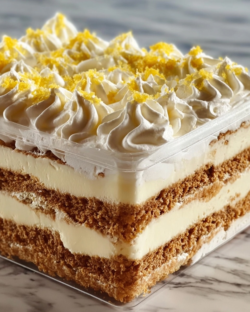 The image shows a layered dessert with four visible layers, alternating between dense, crumbly brown biscuit layers and thick, creamy off-white filling layers. The top layer is covered with fluffy white whipped cream, decorated with swirled peaks and scattered yellow pieces, possibly finely grated zest. The dessert is in a clear container on a white marbled surface. photo taken with an iphone --ar 4:5 --v 7