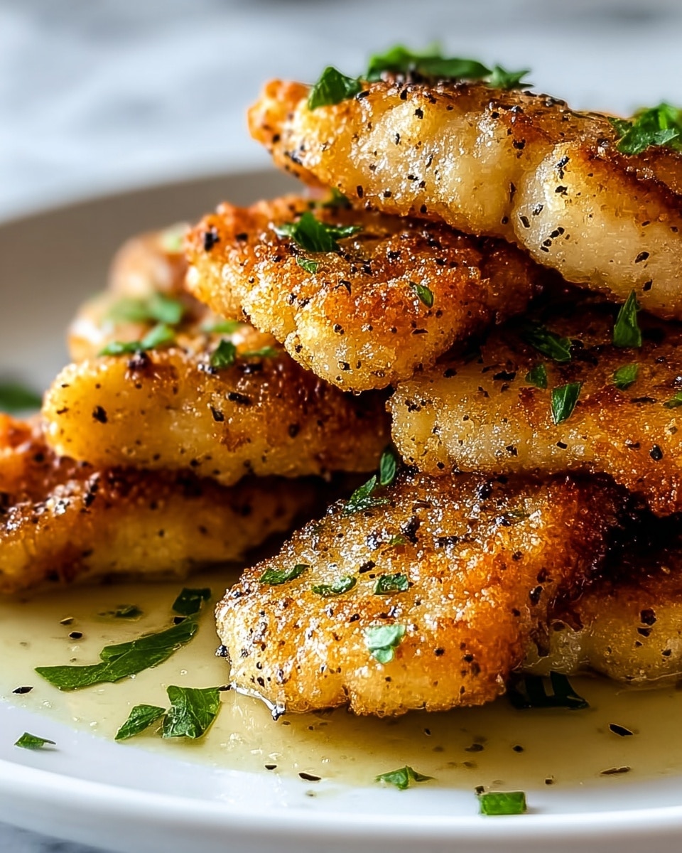 The image shows a close-up of several pieces of golden-brown fried fish fillets stacked on a white plate. Each piece has a crispy, lightly textured coating with small black pepper and seasoning specks, giving a crunchy look. The fish is garnished with scattered fresh chopped green herbs, adding a touch of color. Some oil or butter glistens on the surface and around the fish, making it look juicy and hot. The background has a soft white marbled texture that contrasts with the warm tones of the fish. photo taken with an iphone --ar 4:5 --v 7