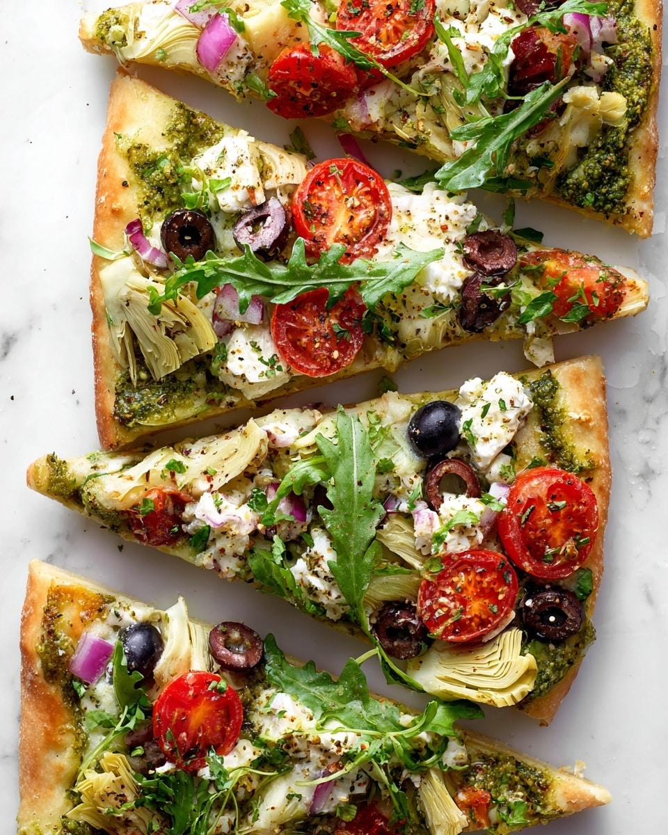 The image shows five slices of pizza on a white marbled surface. Each slice has a golden-brown thin crust base topped with layers of white cheese, green pesto sauce, red cherry tomato halves, black olive slices, pale artichoke hearts, and small pieces of red onion. The pizza is garnished with fresh green arugula and sprinkled with herbs and seasoning, giving it a colorful and fresh appearance. Photo taken with an iphone --ar 4:5 --v 7