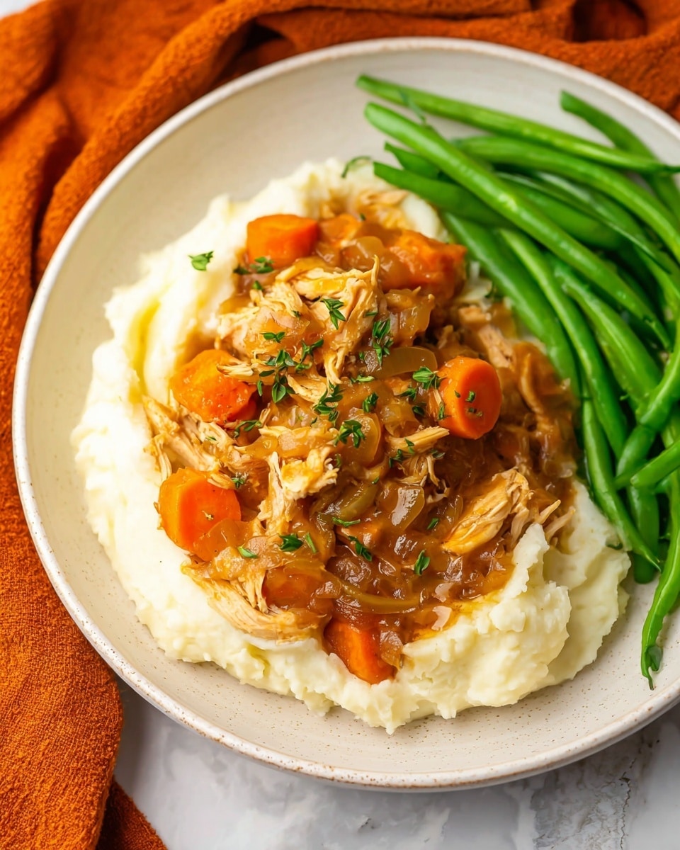 The dish shows a white plate filled with three layers: the bottom layer is smooth and creamy white mashed potatoes, the middle layer consists of shredded chicken mixed with chunky orange carrot slices and light brown onions in a glossy, golden-brown sauce, and the top layer is a small pile of bright green steamed green beans resting on one side of the plate. The chicken and vegetables are garnished with small bits of green herbs, all set on a white marbled surface with an orange cloth in the background. photo taken with an iphone --ar 4:5 --v 7
