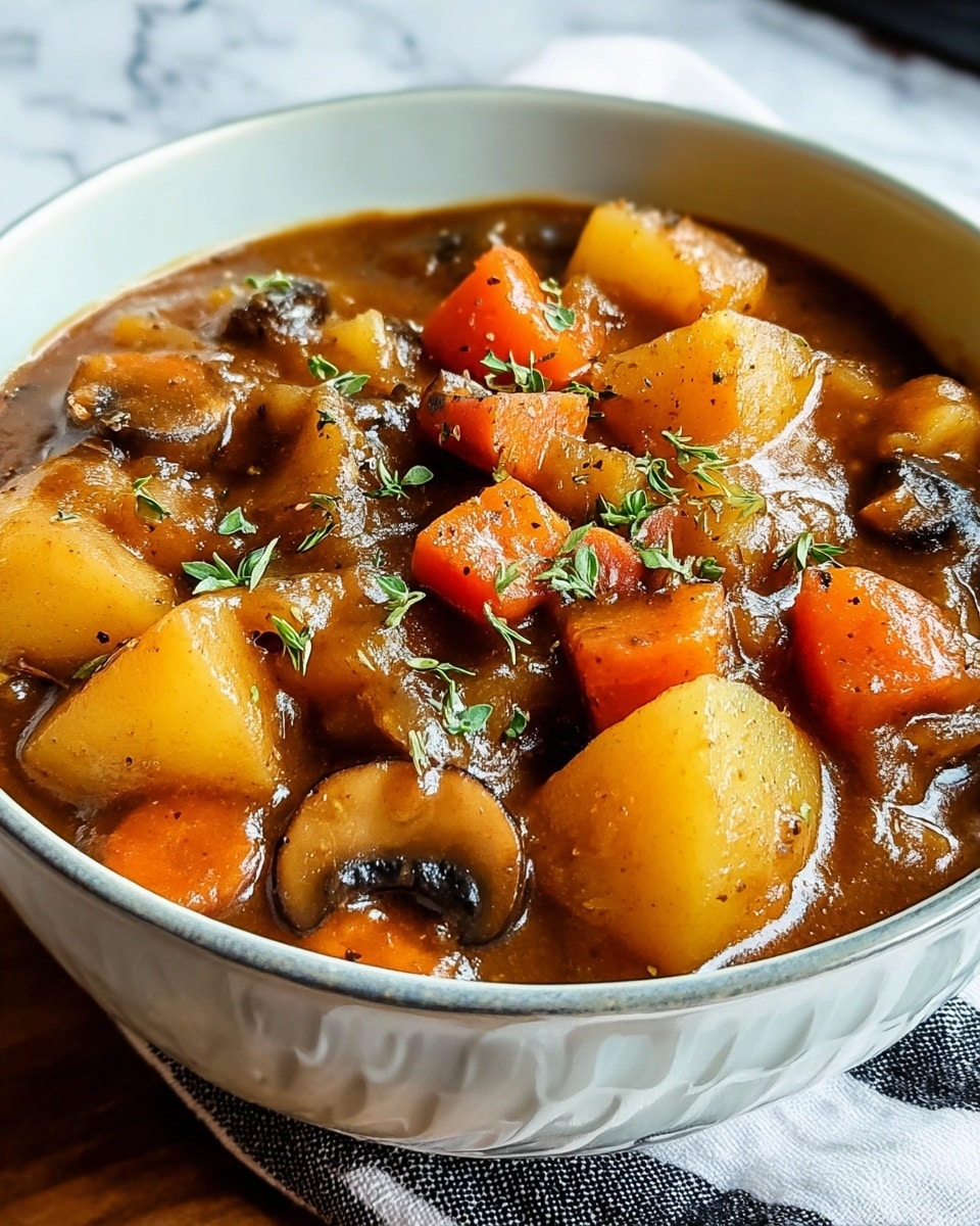 A close-up view of a bowl filled with thick vegetable stew, showing several chunky potato pieces in light yellow with a soft texture, bright orange carrot chunks, browned pieces of mushroom, and translucent bits of onion, all mixed in a shiny brown sauce. Small green herb leaves are sprinkled over the top for garnish. The bowl is white with a subtle pattern on the outside and rests on a striped cloth, placed on a white marbled surface. photo taken with an iphone --ar 4:5 --v 7