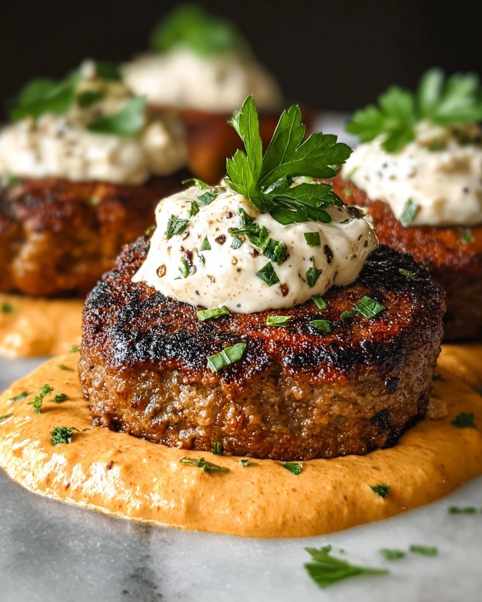 Three thick, round beef patties with a charred, crispy brown crust sit on a layer of creamy orange sauce that spreads underneath them on a white marbled surface. Each patty is topped with a dollop of white creamy sauce speckled with black pepper and chopped green herbs, with an extra sprig of fresh green parsley on top. The beef looks juicy and well-seasoned, and the sauces have a smooth, rich texture with bits of herbs scattered throughout. Photo taken with an iphone --ar 4:5 --v 7