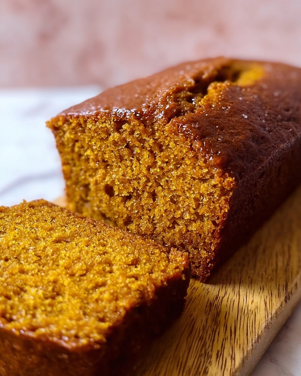 A close-up image showing a moist loaf cake with one slice cut in front, revealing a dense, crumbly texture with a warm golden brown color inside. The top layer of the loaf is slightly cracked and darker brown, containing a shiny surface. The cake is placed on a wooden board with a subtle grain pattern. The background has a soft out-of-focus pink and white tone, with the surface showing a white marbled texture. Photo taken with an iphone --ar 4:5 --v 7