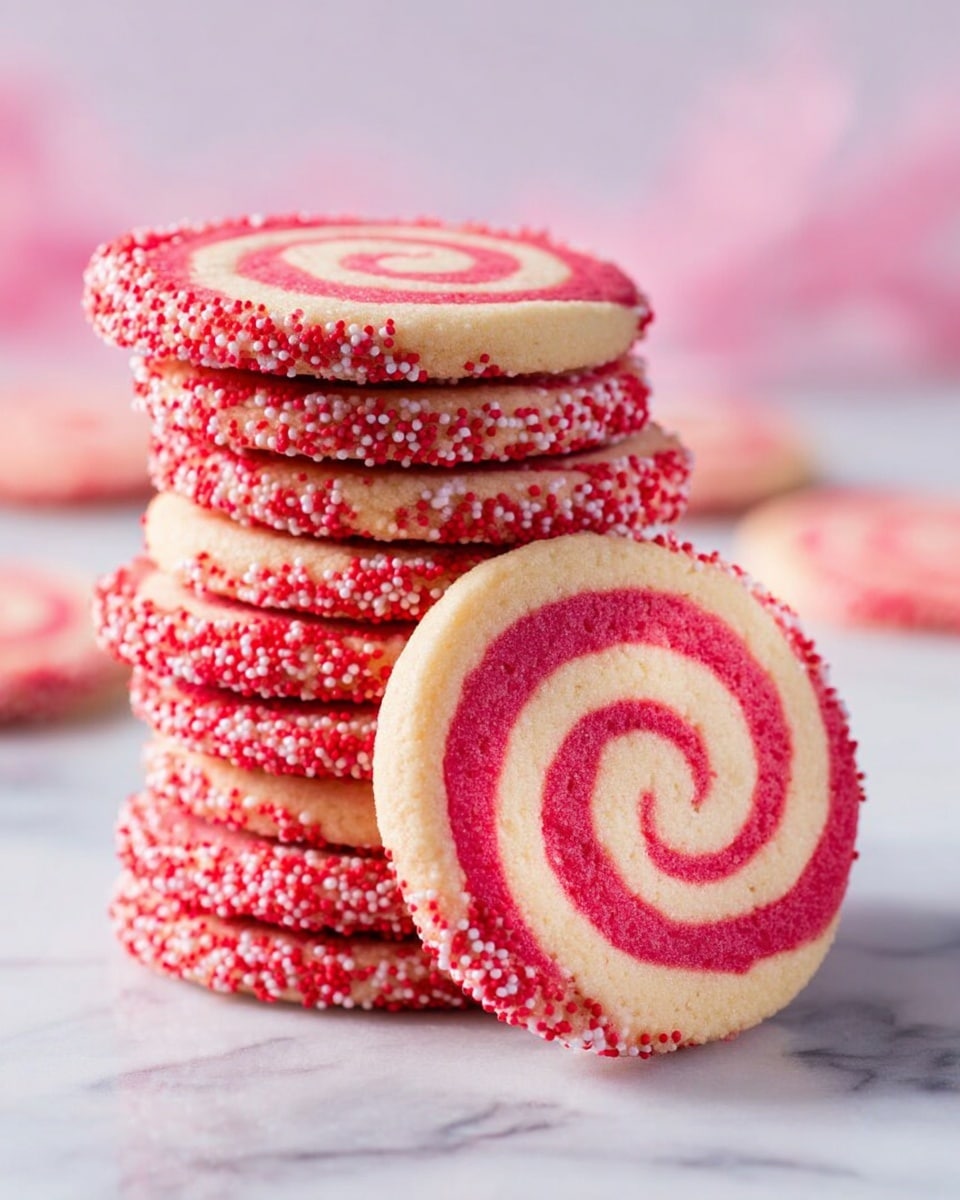 A stack of round cookies is shown on a white marbled surface, each cookie having a swirl pattern made of two layers: a light cream layer and a pinkish-red layer spiraled inside. The cookie edges are covered with tiny pink, red, and white round sprinkles, adding texture and color. The stack has about seven cookies piled neatly, with one cookie leaning against the stack, showing the swirl design clearly. The background is softly blurred with light pink and white tones. Photo taken with an iphone --ar 4:5 --v 7