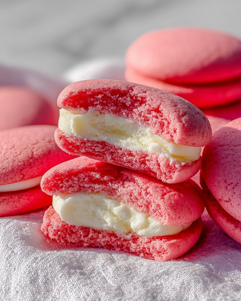 The image shows several soft, round pink cookies with a slightly cracked surface texture placed on a white textured cloth. Two of the cookies are stacked, with the top one broken in half to reveal a thick, creamy white filling inside. The outer cookie layer is bright pink and looks soft and chewy, while the filling is smooth and dense, filling the center completely. The whole scene is set against a white marbled texture in soft natural daylight. Photo taken with an iphone --ar 4:5 --v 7