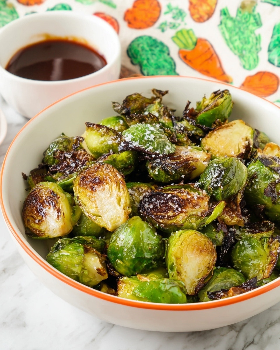 A white bowl with an orange rim filled with roasted Brussels sprouts, cut in halves and quarters, showing bright green outer leaves with some dark, crispy, charred edges, and soft, light yellow inner layers; some coarse salt is sprinkled on top. In the background, a small white bowl of dark brown dipping sauce sits on a white marbled surface, partly covered by a colorful cloth with green and orange vegetable prints. photo taken with an iphone --ar 4:5 --v 7