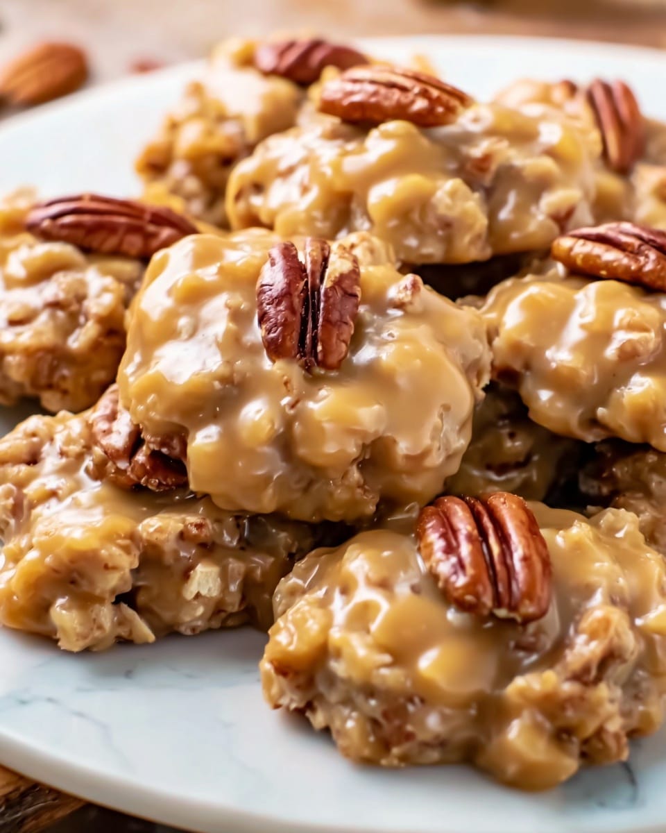 A close-up view of small, round cookies covered in a thick, shiny caramel glaze with mixed chopped nuts inside and scattered pecan halves on top. Each cookie shows a bumpy texture from the nuts beneath the glossy caramel coating. They are piled together on a white plate with a smooth surface, placed on a white marbled textured background. The warm tan and brown colors of the caramel and pecans create a rich, inviting look. photo taken with an iphone --ar 4:5 --v 7