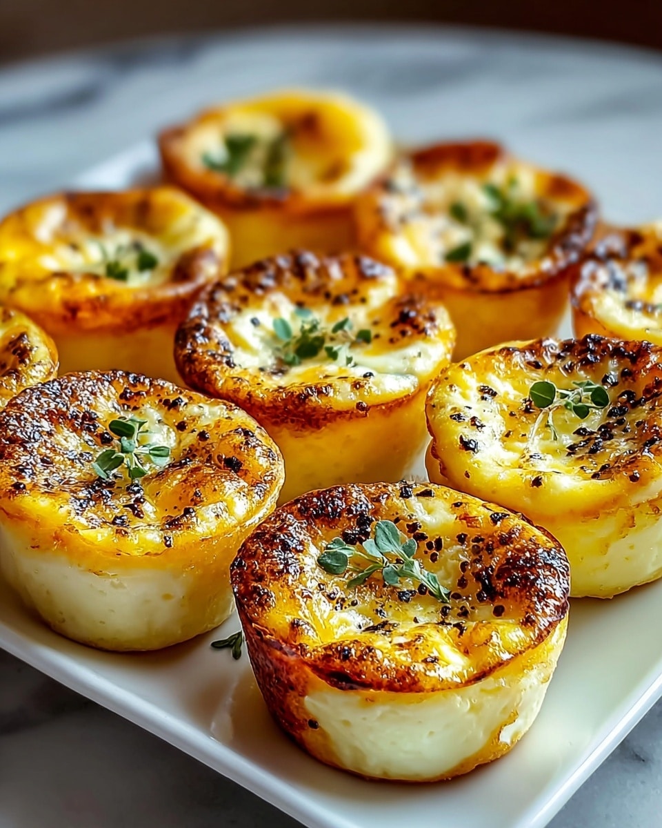 A square white plate holds eight small, round, golden-brown baked egg cups arranged closely together. Each egg cup has a slightly crispy, caramelized top layer speckled with black pepper and small green herb leaves. The sides are light yellow and smooth, with a soft texture that shows little air pockets. The overall look is warm and inviting, set on a white marbled surface with a soft, natural light coming from the background. photo taken with an iphone --ar 4:5 --v 7