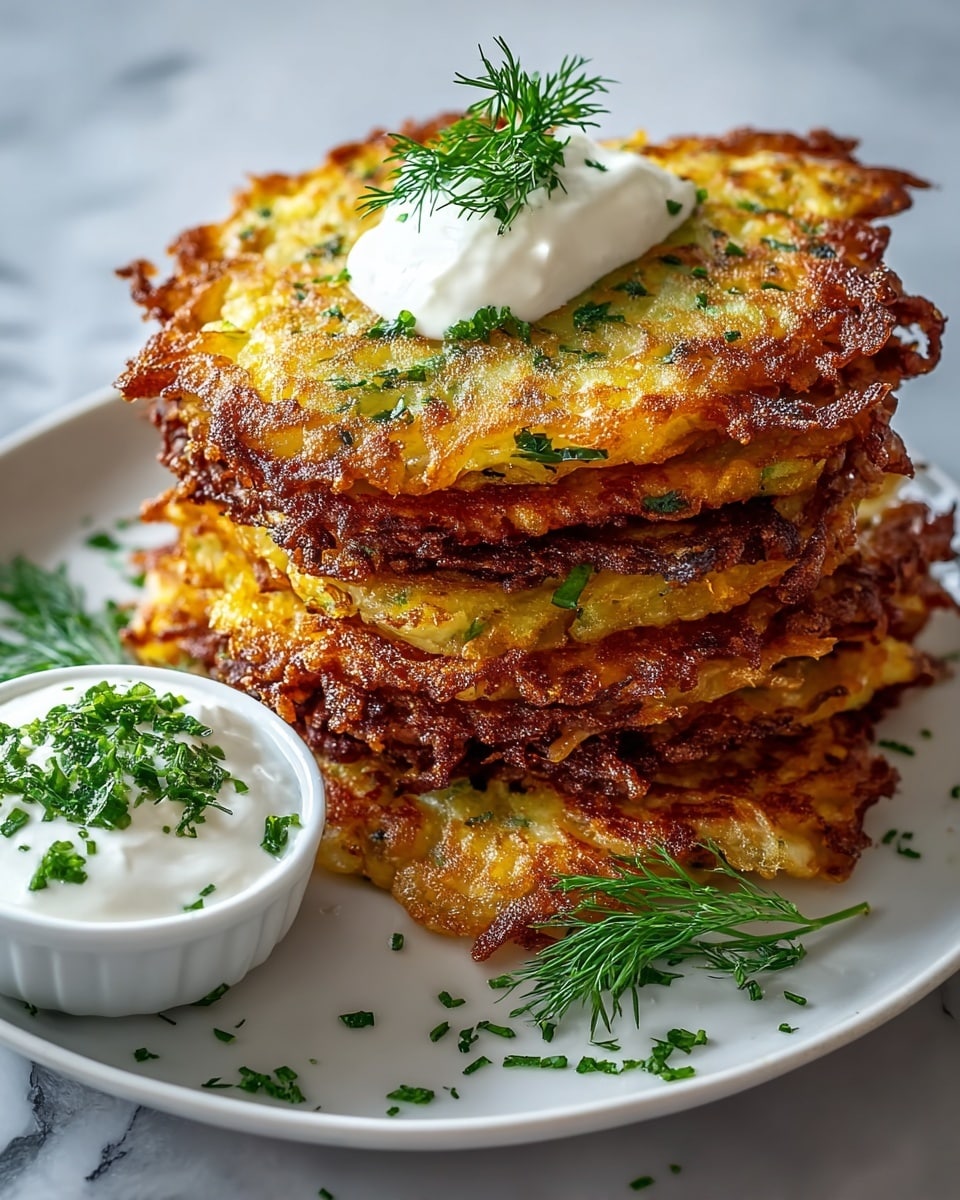 A stack of six golden-brown potato pancakes with crispy edges and green herb pieces cooked into them, arranged on a white plate. On top of the stack is a dollop of white sour cream garnished with bright green dill. To the side on the plate is a small white bowl filled with more sour cream sprinkled with chopped green herbs. The plate sits on a white marbled surface with a few green herb pieces scattered around. photo taken with an iphone --ar 4:5 --v 7