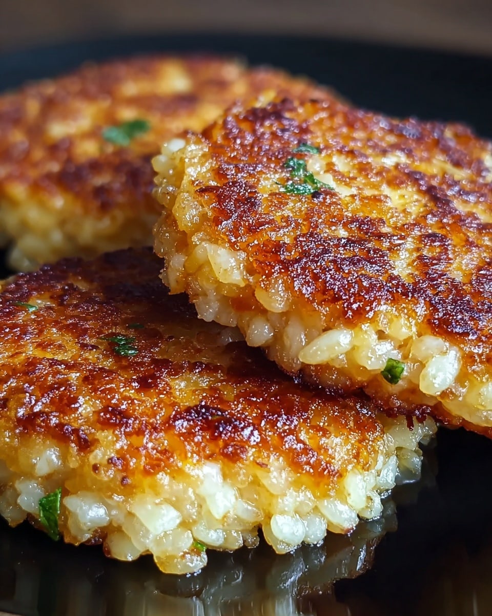 The image shows three golden-brown crispy patties stacked close together on a glossy black plate. Each patty is round and thick, with a textured surface made of small, visible grains of cooked rice mixed with tiny green herb bits. The outer layer is crunchy and caramelized to a rich amber color, while the inside is soft and creamy white, showing the rice grains clearly. The background is softly blurred, focusing attention on the warm and crispy texture of the patties. Photo taken with an iphone --ar 4:5 --v 7
