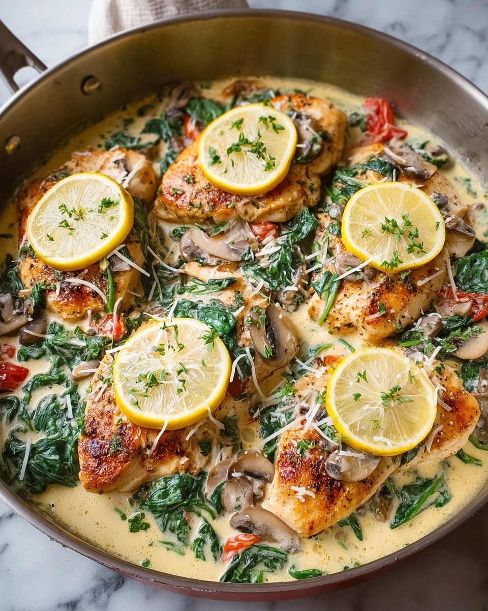 A pan filled with four browned chicken breasts partially covered in a light cream sauce with visible green spinach leaves, sliced mushrooms, and small red tomato pieces mixed throughout the sauce. Each chicken breast is topped with a thin yellow lemon slice and sprinkled with shredded white cheese and green herbs. The pan sits on a white marbled surface. photo taken with an iphone --ar 4:5 --v 7