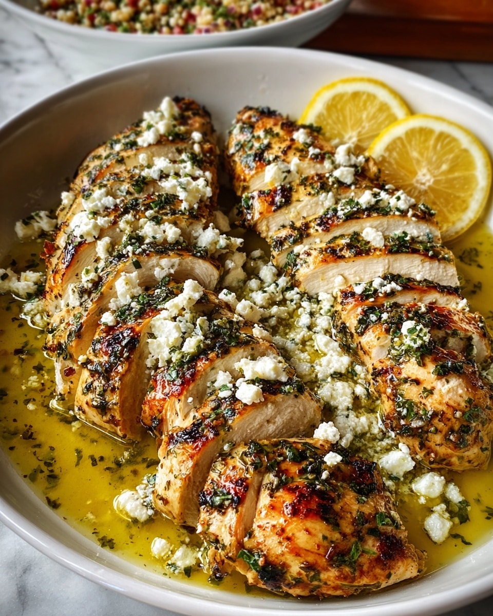 A white bowl holds two rows of sliced grilled chicken breasts, each piece showing a golden-brown crust with visible green herbs sprinkled all over. The chicken slices are arranged neatly in a slightly overlapping pattern, sitting in a pool of light yellow lemon herb sauce that fills the bottom of the bowl. Crumbled white cheese is generously scattered on top of the chicken, adding a crumbly texture, while two lemon slices rest upright at the back edge of the bowl, adding a bright yellow contrast. The background features a faintly visible bowl filled with a grain salad, all placed on a white marbled surface. Photo taken with an iphone --ar 4:5 --v 7