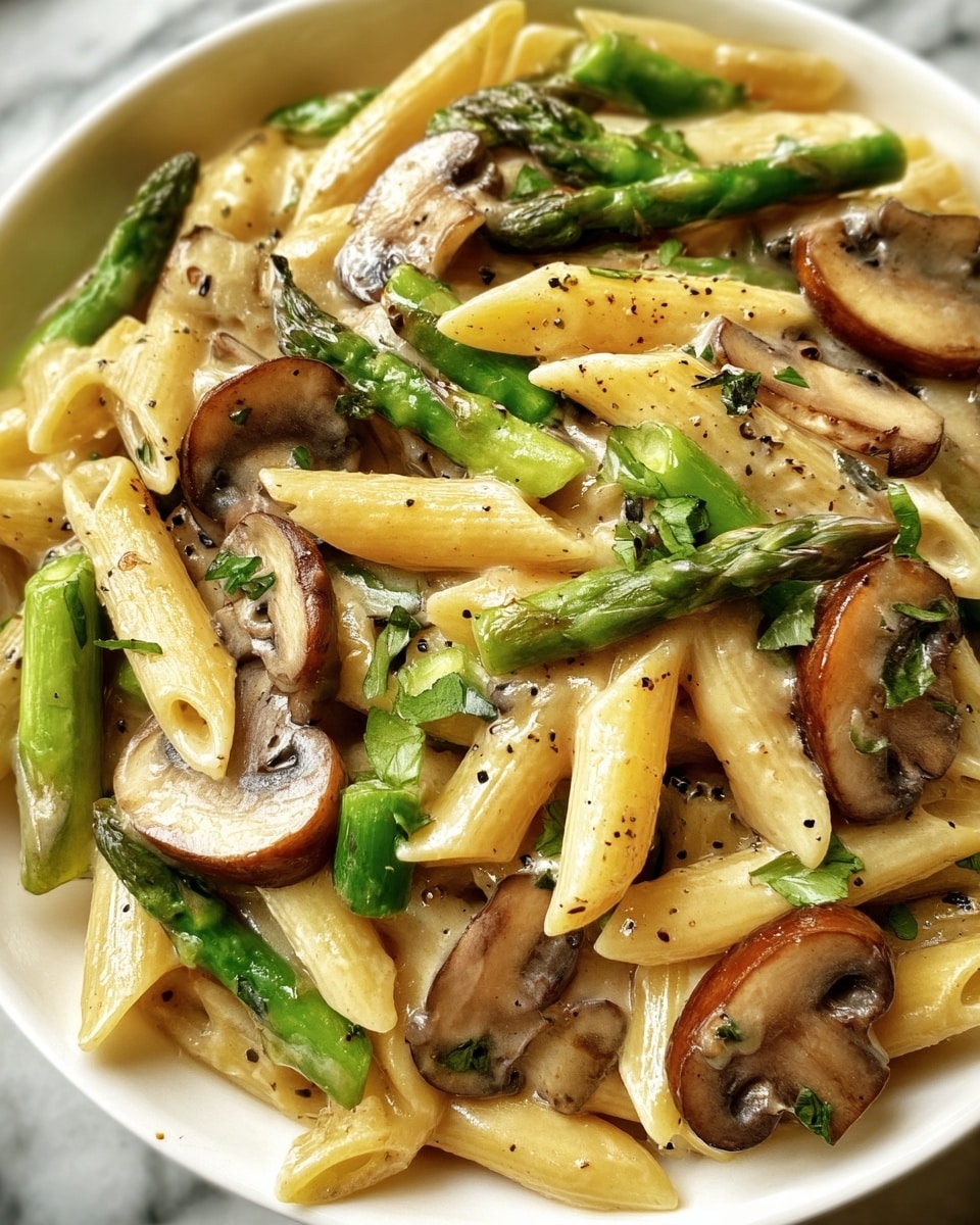 This image shows a close-up of creamy pasta with mushrooms and asparagus. The pasta is penne, light yellow with smooth ridges, mixed evenly with green asparagus pieces that have a fresh and slightly shiny texture. Sliced mushrooms sit on top and throughout, golden brown with a soft and slightly glossy surface. The creamy sauce coats all the ingredients, giving a shiny finish, with small black pepper spots and bits of green herbs sprinkled on top. The dish is served in a white bowl placed on a white marbled surface. photo taken with an iphone --ar 4:5 --v 7