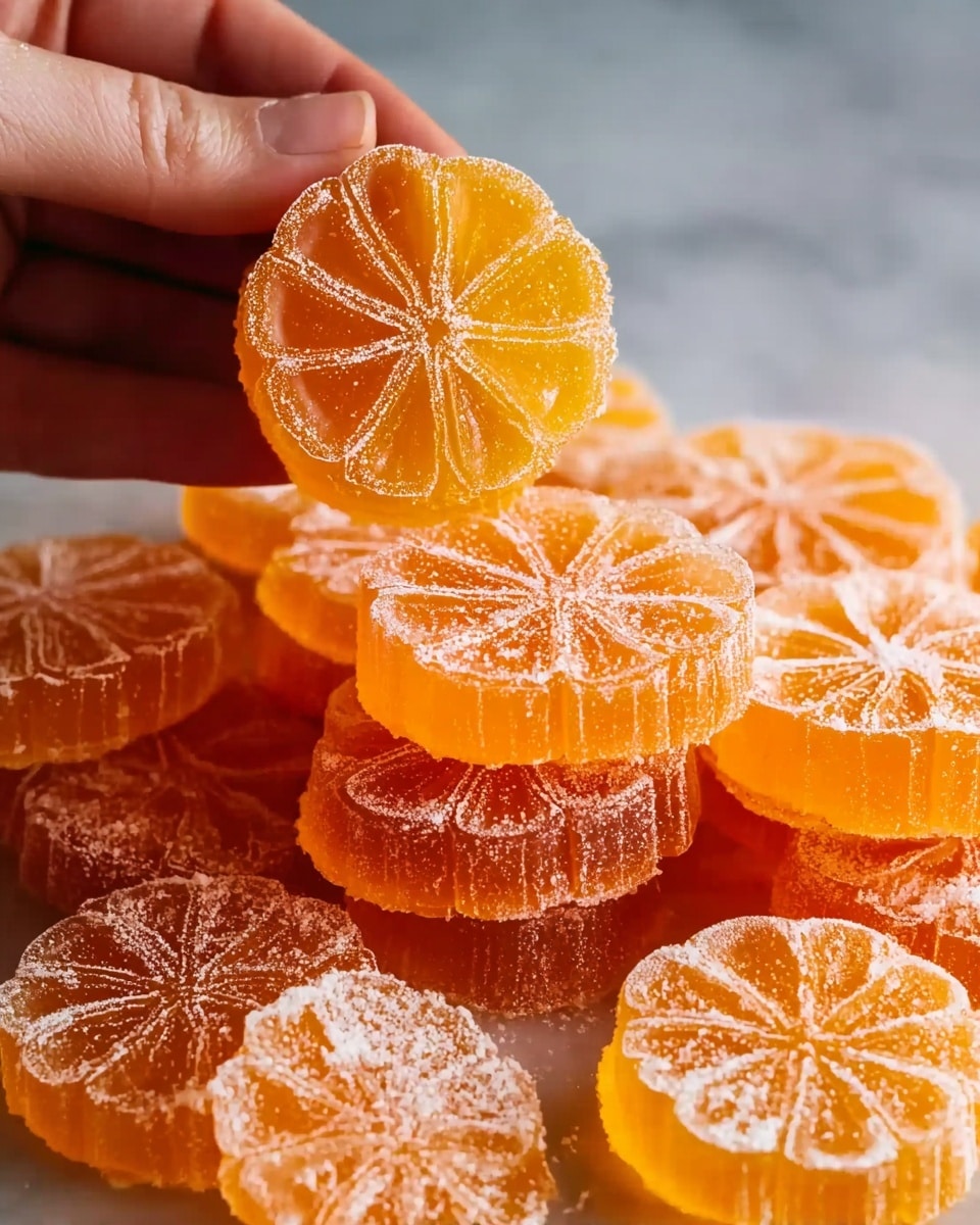 The image shows a close-up of several orange jelly candies shaped like citrus slices stacked in a pile on a white marbled surface. Each candy has a translucent, glossy orange layer with a detailed texture mimicking citrus fruit segments. A woman's hand is gently holding a stack of four candies, lifting them slightly above the rest. The candies catch the light, showing a smooth, shiny surface with a slightly sticky look. Some candies have a light dusting of powdered sugar that adds a fine white texture on top. photo taken with an iphone --ar 4:5 --v 7