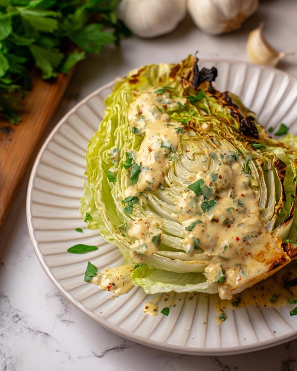 A wedge of light green cabbage cut in half sits on a white plate with delicate ridges. The cabbage is covered with a creamy sauce that has a light yellowish color with small bits of herbs and spices visible. The outer leaves are slightly charred and browned, adding texture. Fresh green parsley leaves are sprinkled on top and around the sauce, adding a bright contrast. The background features a white marbled texture with whole garlic bulbs and green leaves nearby. photo taken with an iphone --ar 4:5 --v 7
