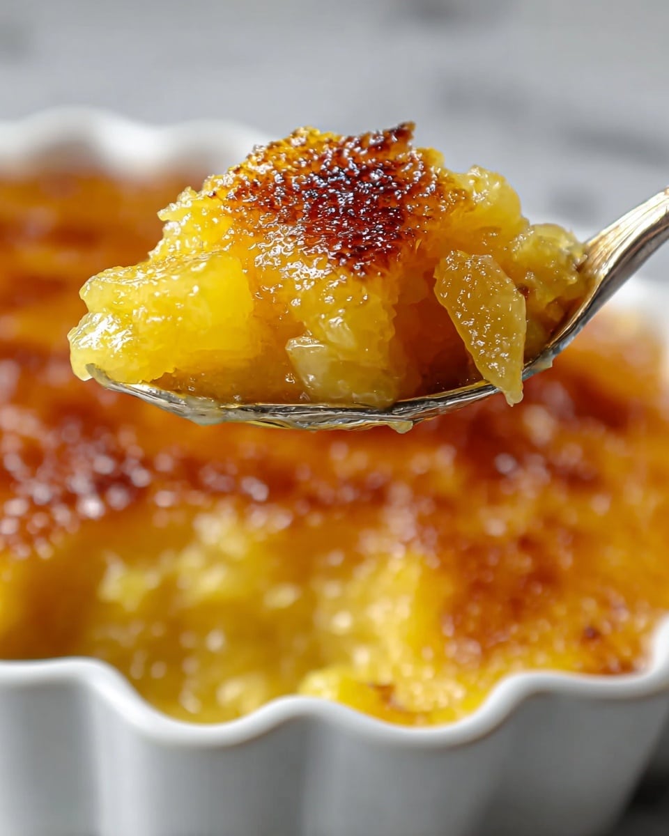 A spoon is lifting a serving of a golden yellow dessert with a toasted, caramelized top layer that glistens with a slightly crispy texture. Below the top is a soft, moist layer with small translucent chunks that look like cooked pineapple or fruit pieces. The dessert sits in a white ceramic dish with scalloped edges, partly visible in the background, resting on a white marbled surface. The focus is sharp on the dessert and spoon, highlighting the glossy, juicy texture of the fruit and the crackled caramel top. photo taken with an iphone --ar 4:5 --v 7