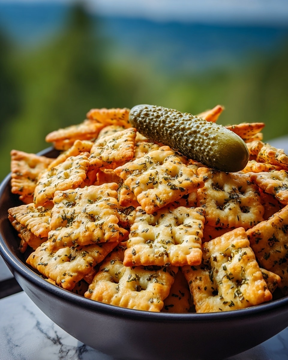 A close-up of a bowl full of square crackers that have a lattice pattern and are sprinkled with green herbs and bits of seasoning, showing a crunchy texture with orange and light brown colors. On top of the crackers, there is a small green pickle with dark spots and smooth texture. The bowl is dark but the surface beneath it has a white marbled texture. The background shows blurred green trees and a blue sky, giving a fresh outdoor feel. photo taken with an iphone --ar 4:5 --v 7
