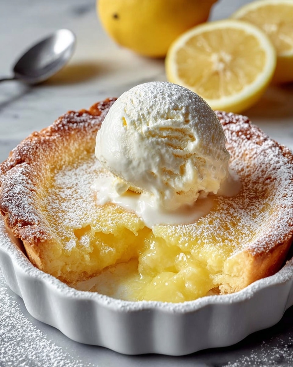 A white fluted dish holds a lemon tart with a golden, slightly cracked top dusted with powdered sugar. The tart has a soft, gooey yellow lemon filling visible through a missing piece near the front, and a light, fluffy crust around the edges. A scoop of melting vanilla ice cream with a creamy texture sits on top, slightly dripping onto the tart. In the background, two lemon halves add a fresh touch, all set on a white marbled texture. Photo taken with an iphone --ar 4:5 --v 7