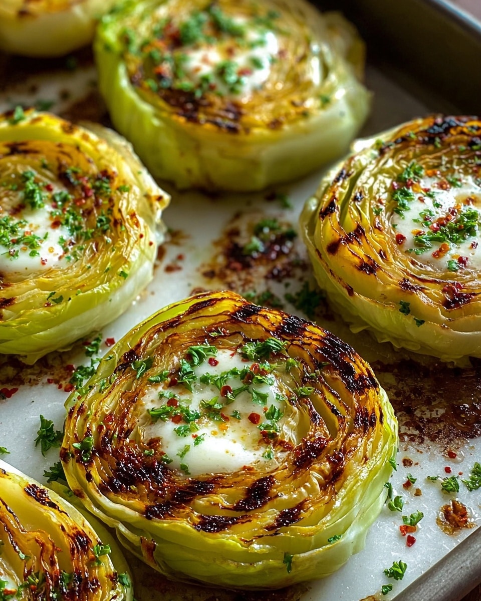 The image shows several thick green cabbage slices roasted on a baking pan with dark brown caramelized grill marks on their top surfaces. Each slice has a smooth pale green outer layer with a tender, slightly translucent light yellow-green inside. In the center of each cabbage slice, there is a melting pool of white melted butter topped with small green parsley bits and tiny red chili flakes. The cabbage slices are arranged closely together on the pan, and the pan surface has browned spots from roasting. The scene is set on a white marbled texture. photo taken with an iphone --ar 4:5 --v 7