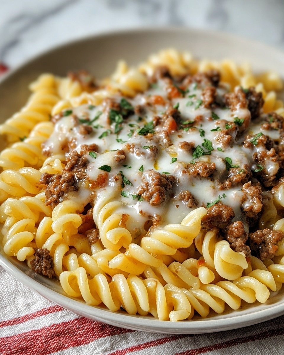 The dish shows a white plate filled with three layers of food. The bottom layer is pale yellow spiral pasta with a glossy look. Scattered on top are small pieces of browned, cooked ground meat. The top layer is a melted white cheese sauce spread unevenly over the meat, with small green herb leaves sprinkled for color. The background is a white marbled texture, and the plate rests on a cloth with red and white stripes. photo taken with an iphone --ar 4:5 --v 7