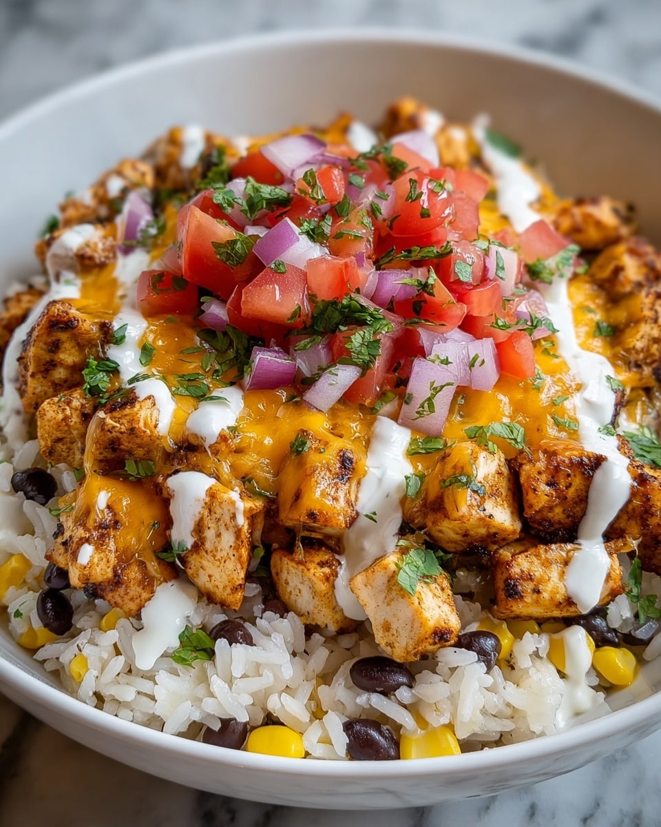 The dish shows a round, white plate filled with a colorful layered meal. The bottom layer is white rice with visible grains spread evenly over the plate. On top of the rice, there is a mix of yellow corn kernels and small black beans scattered around. Above this, there are chunks of grilled chicken with a light brown, slightly crispy grilled texture arranged in a circle around the dish. Melted yellow cheddar cheese and white sour cream are drizzled across the chicken and rice. The top layer has fresh diced red tomatoes, finely chopped purple onions, and bright green chopped cilantro sprinkled generously over everything. The whole dish is placed on a white marbled texture surface. photo taken with an iphone --ar 4:5 --v 7