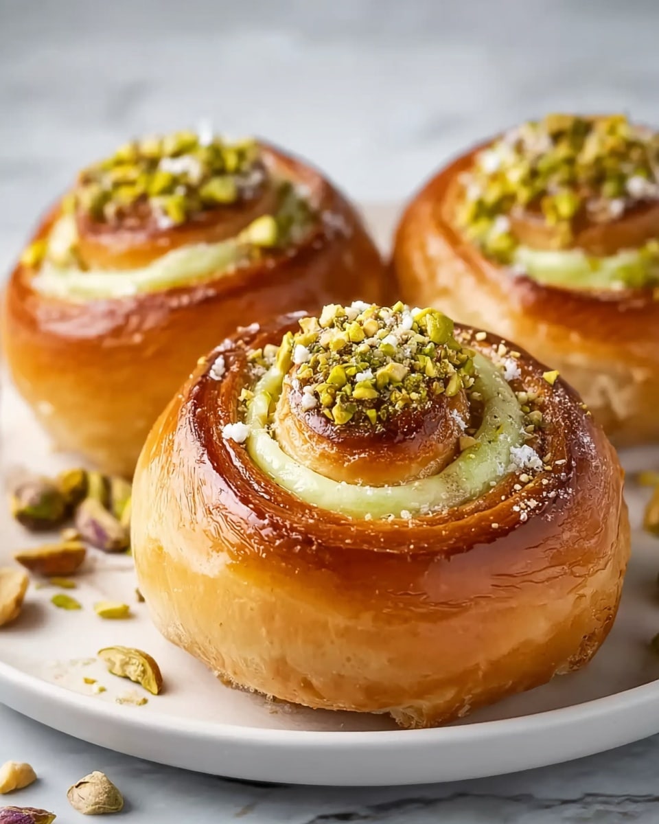 The image shows close-up of three shiny golden brown swirled buns on a white plate with white marbled texture beneath. The buns have soft, layered dough with a light glaze making them look moist and glossy. Each bun is filled with a smooth pale green cream layer inside the spiral. The top center of each bun is covered with a pile of chopped green and brown pistachio nuts, adding rough texture and color contrast. Some scattered pistachio pieces lay around the plate edges. Photo taken with an iphone --ar 4:5 --v 7