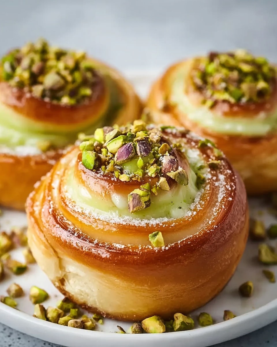 The image shows three shiny brown rolls with a spiral shape, each having about three visible layers of dough with a glossy finish. Between the middle and top layer, there is a pale green creamy filling that contrasts with the brown dough. On the very top center of each roll, there is a small mound of chopped green pistachio nuts mixed with some small white crumbles. The rolls are placed on a white plate resting on a white marbled surface, with some loose pistachio pieces scattered around. Photo taken with an iphone --ar 4:5 --v 7