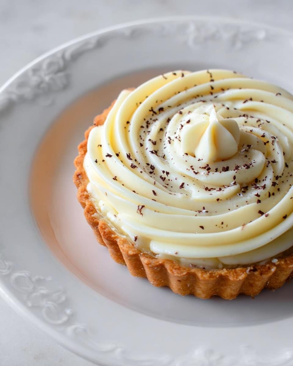A small tart with a golden brown crust forms the base, topped with several smooth, creamy white swirls of frosting that spiral from the edge toward the center. The top layer has a dollop of thicker cream right in the middle. Small dark brown specks are scattered randomly across the white frosting and some on the white plate, adding subtle texture. The tart sits on a white plate with delicate embossed patterns around the rim, placed on a white marbled surface. photo taken with an iphone --ar 4:5 --v 7
